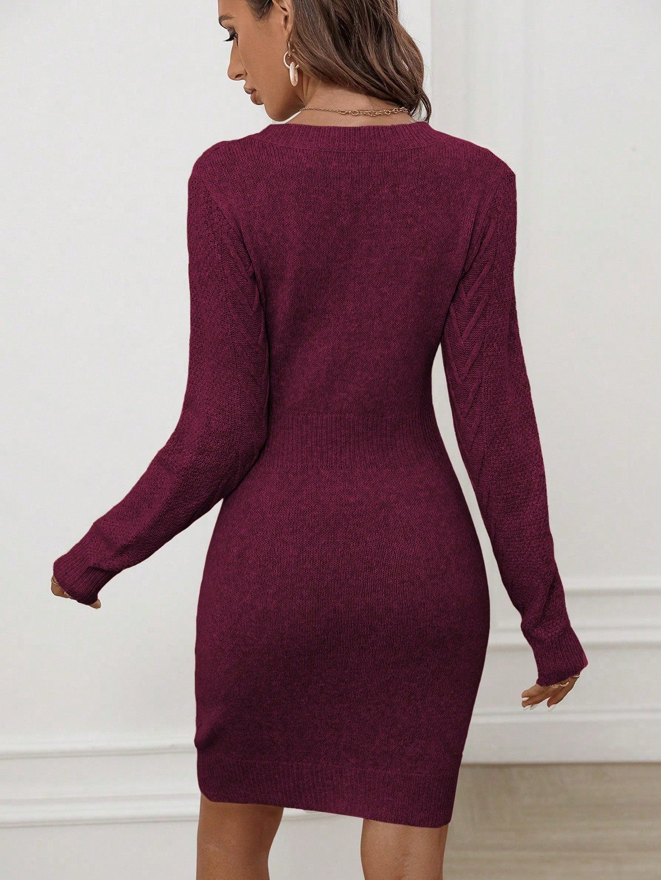 Burgundy Solid Cable Knit Bodycon Jumper Dress