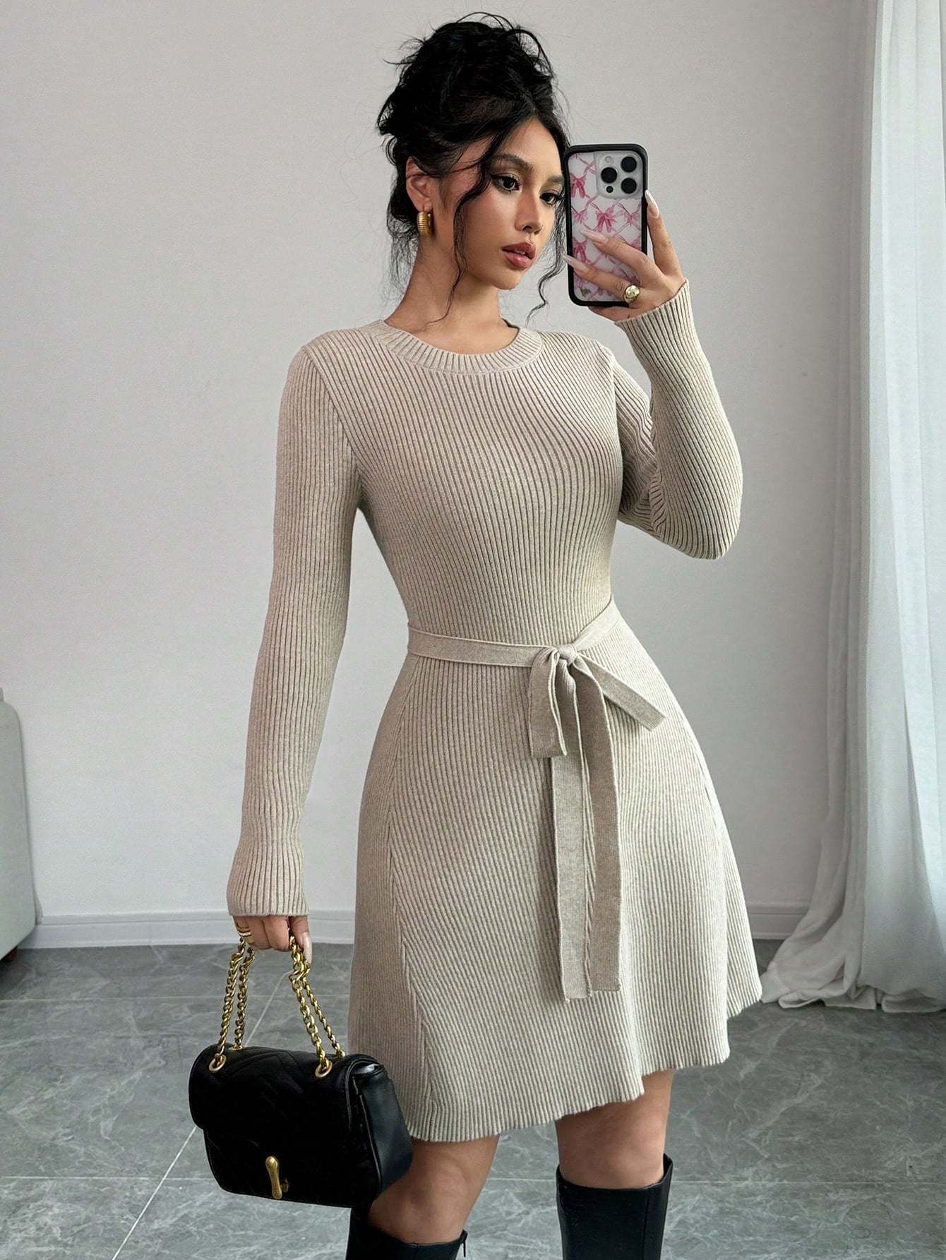 Raffinea Solid Color Fitted A-Line Midi Sweater Dress