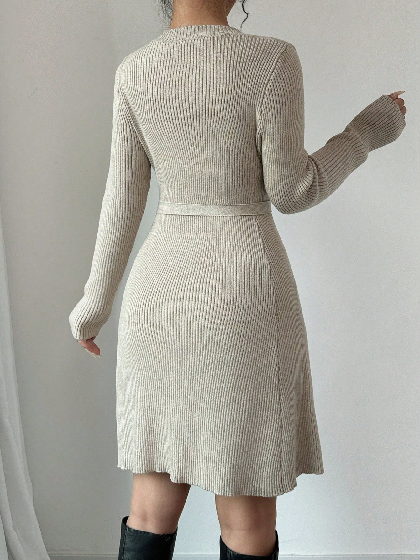 Raffinea Solid Color Fitted A-Line Midi Sweater Dress