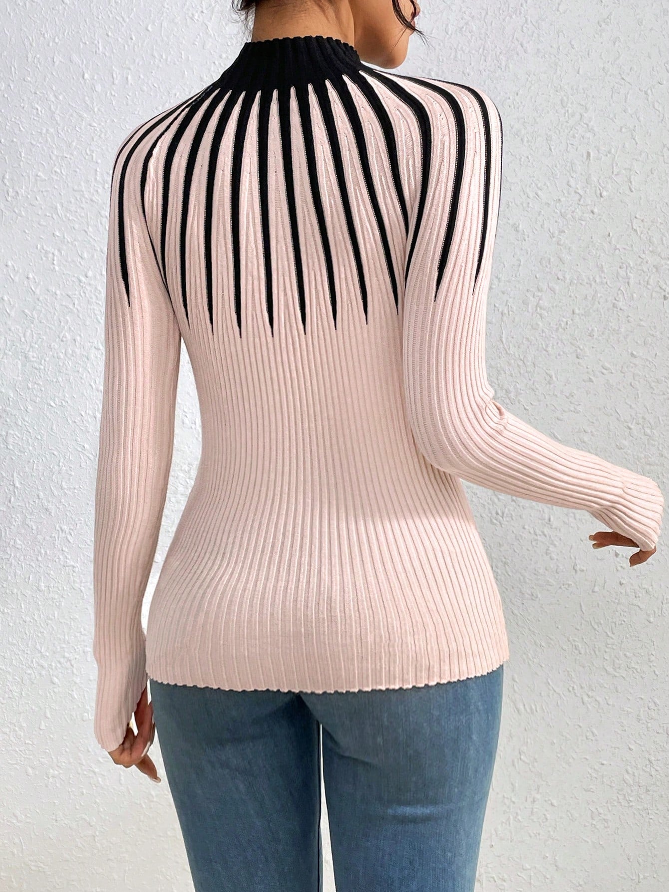 Stand Collar Striped Long Sleeve Slim Fit Sweater