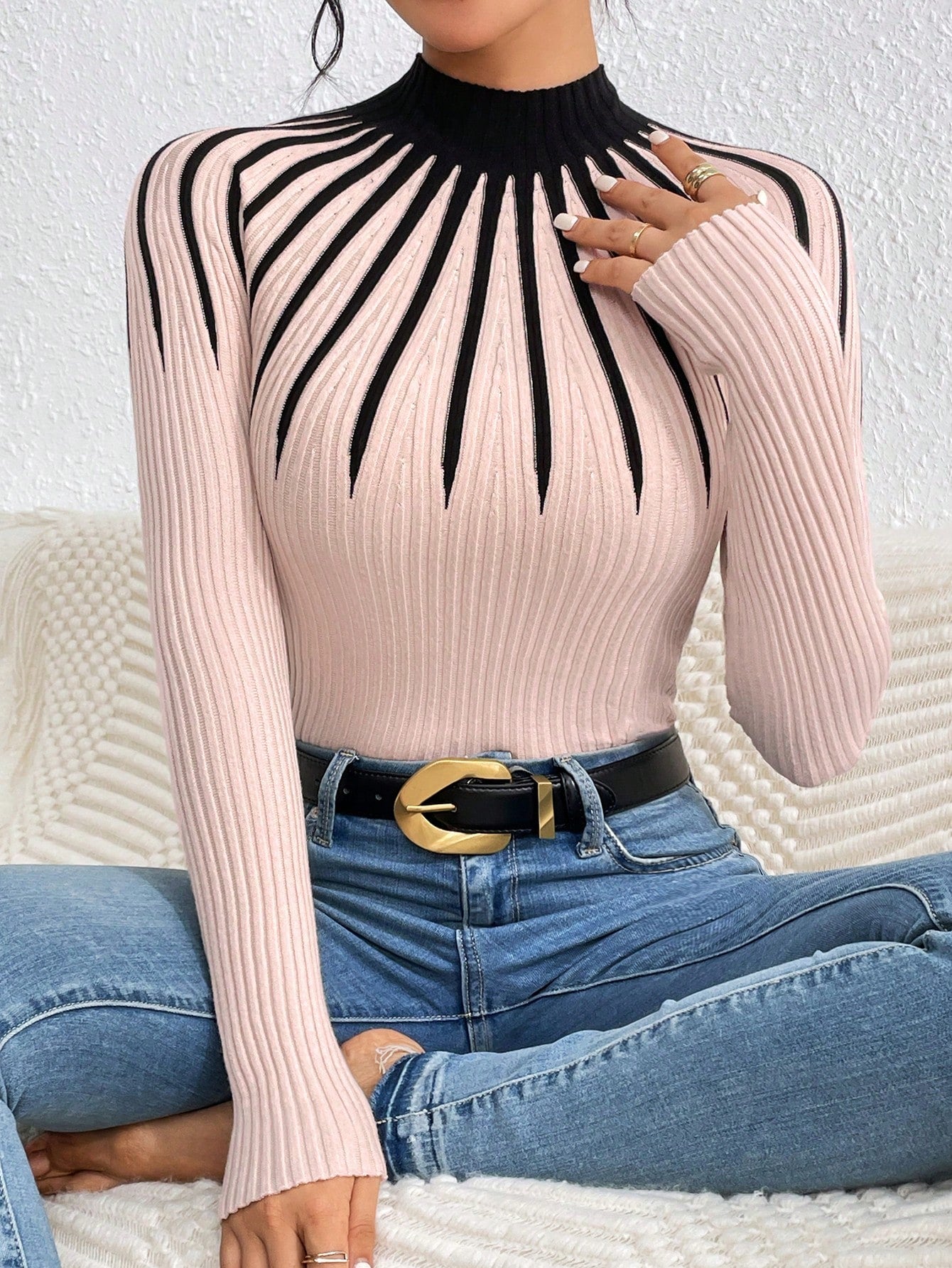 Stand Collar Striped Long Sleeve Slim Fit Sweater