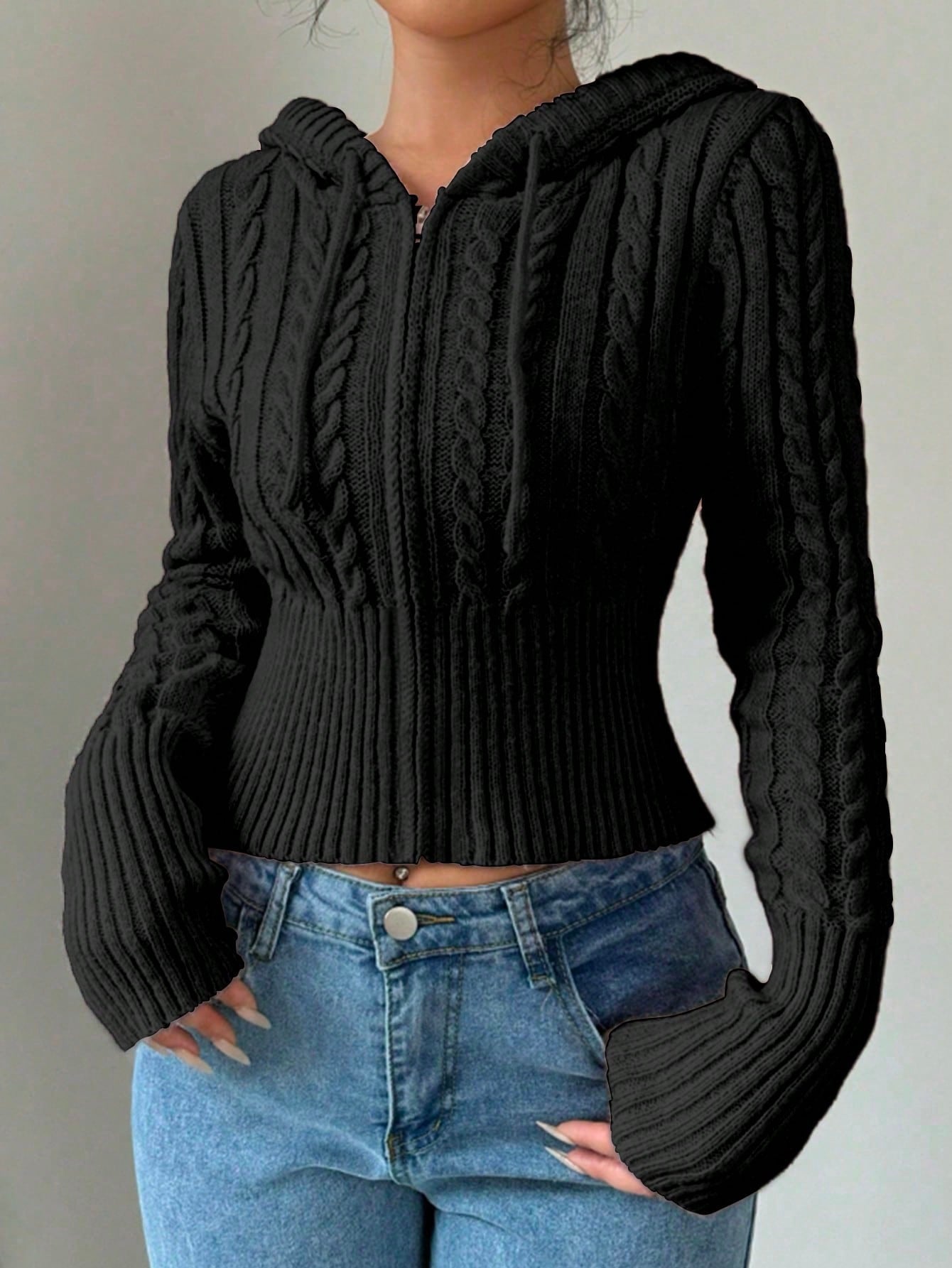 Women's Solid Black Color Long Sleeve Zipper Front Casual Hoodie