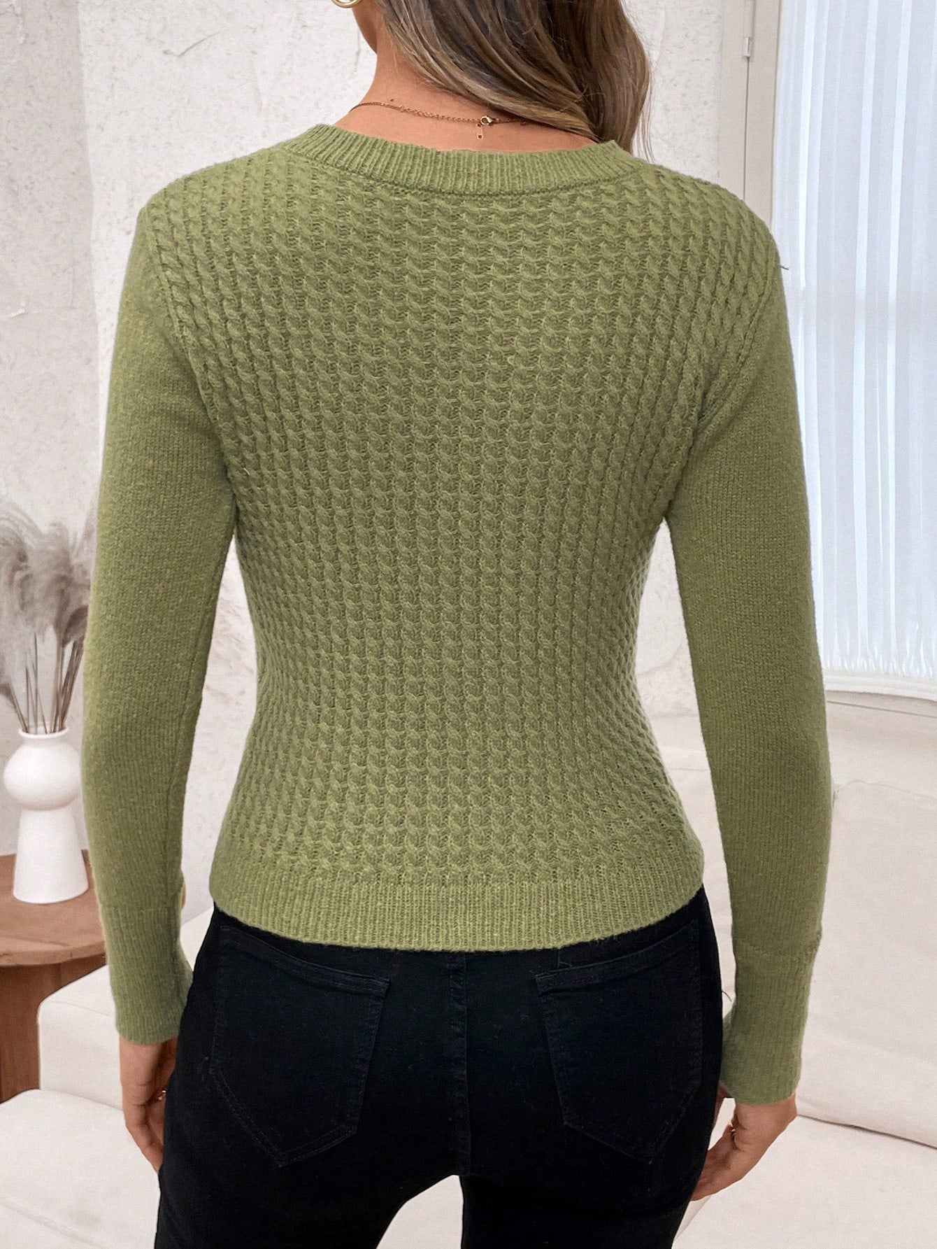 Women Casual Solid Waffle Knit winter Sweater