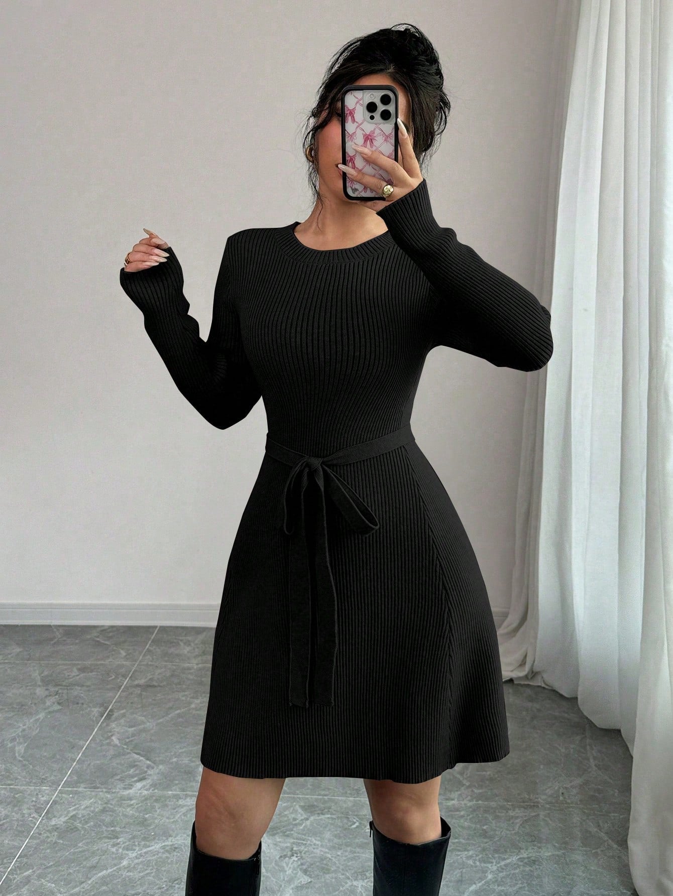 Prive Solid Color A-Line Midi Flared Knit Sweater Dress