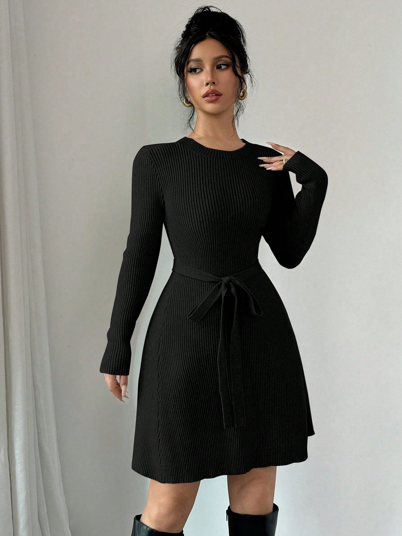 Prive Solid Color A-Line Midi Flared Knit Sweater Dress