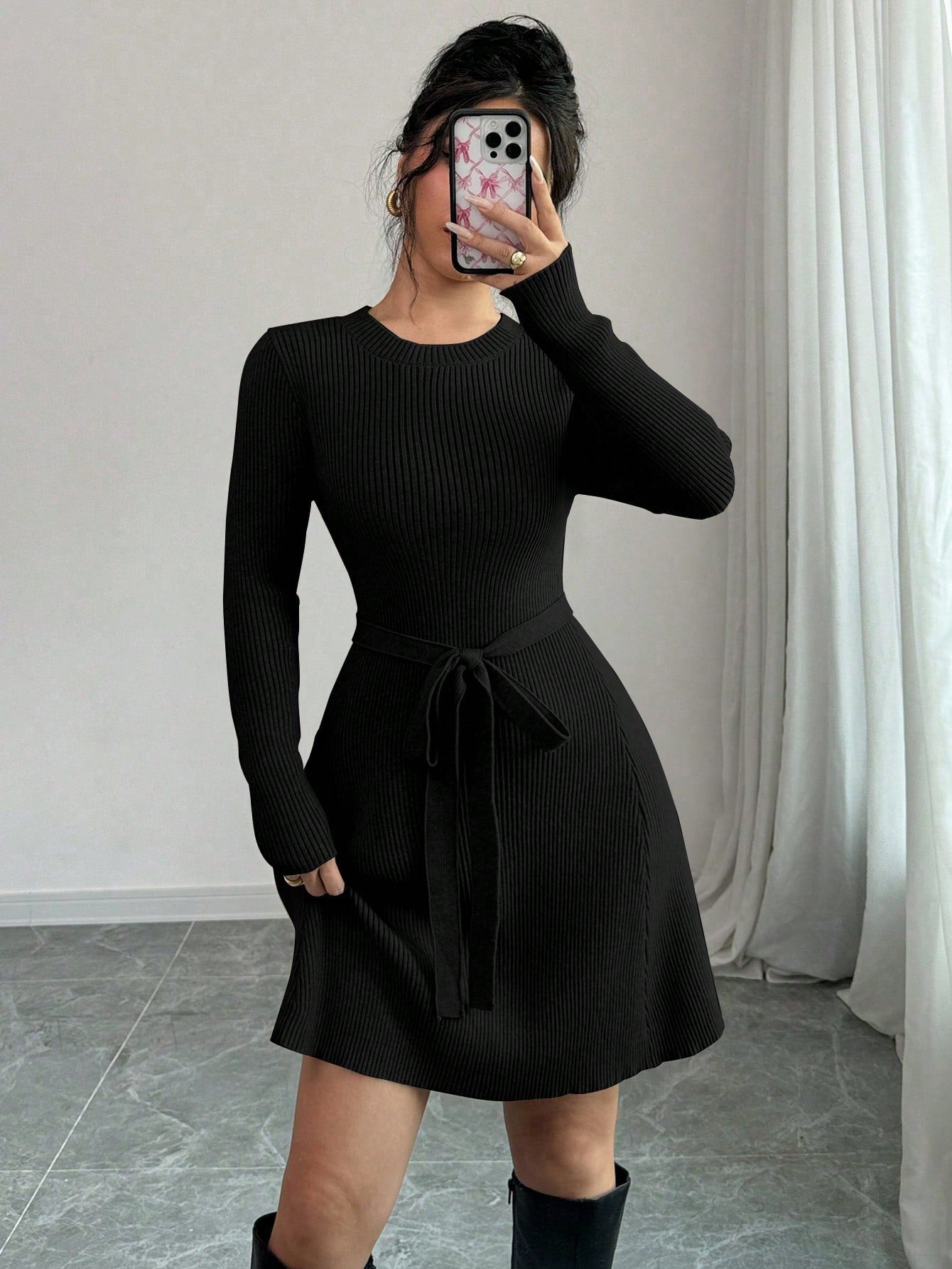 Prive Solid Color A-Line Midi Flared Knit Sweater Dress