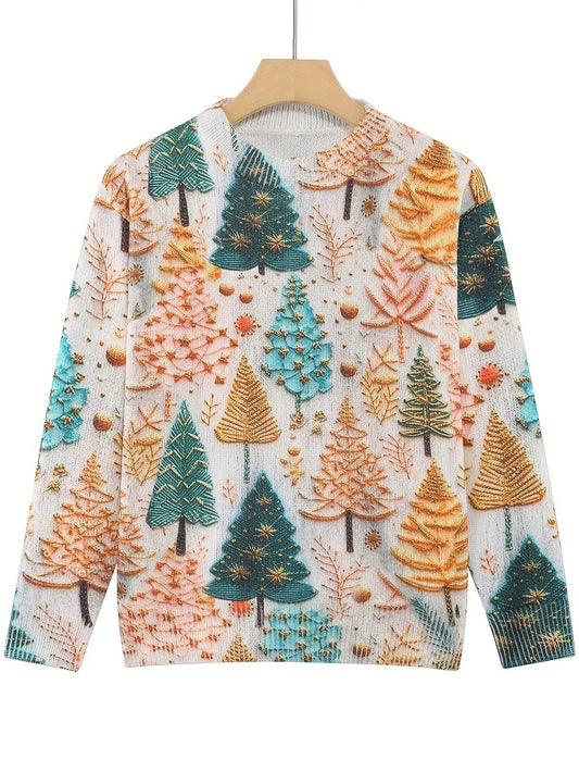 Christmas Tree & Cartoon Animal Print Long Sleeve Crew Neck Sweater