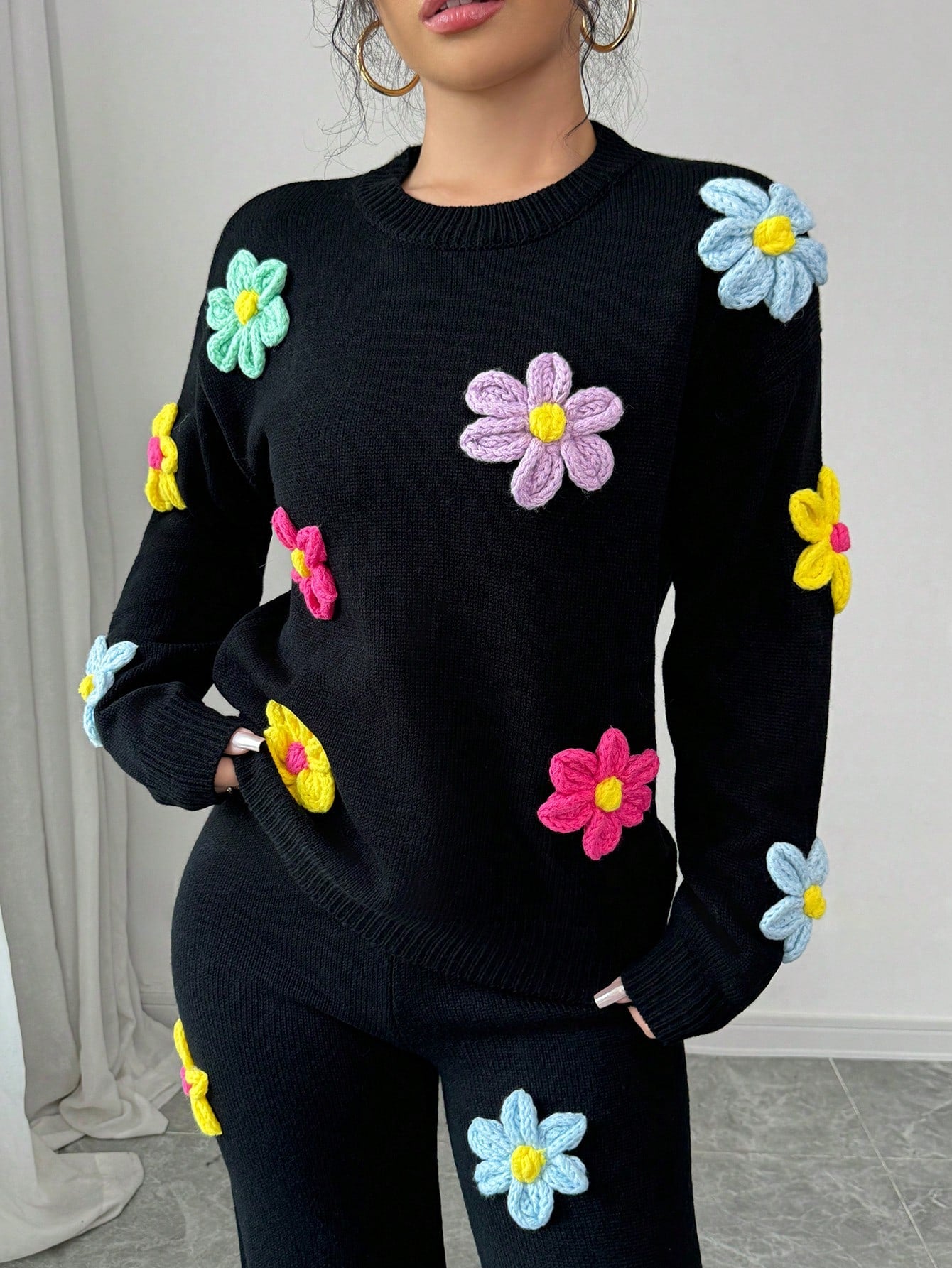 3D Floral Black Warm Pullover Sweater Paired With 3D Floral Straight Trousers