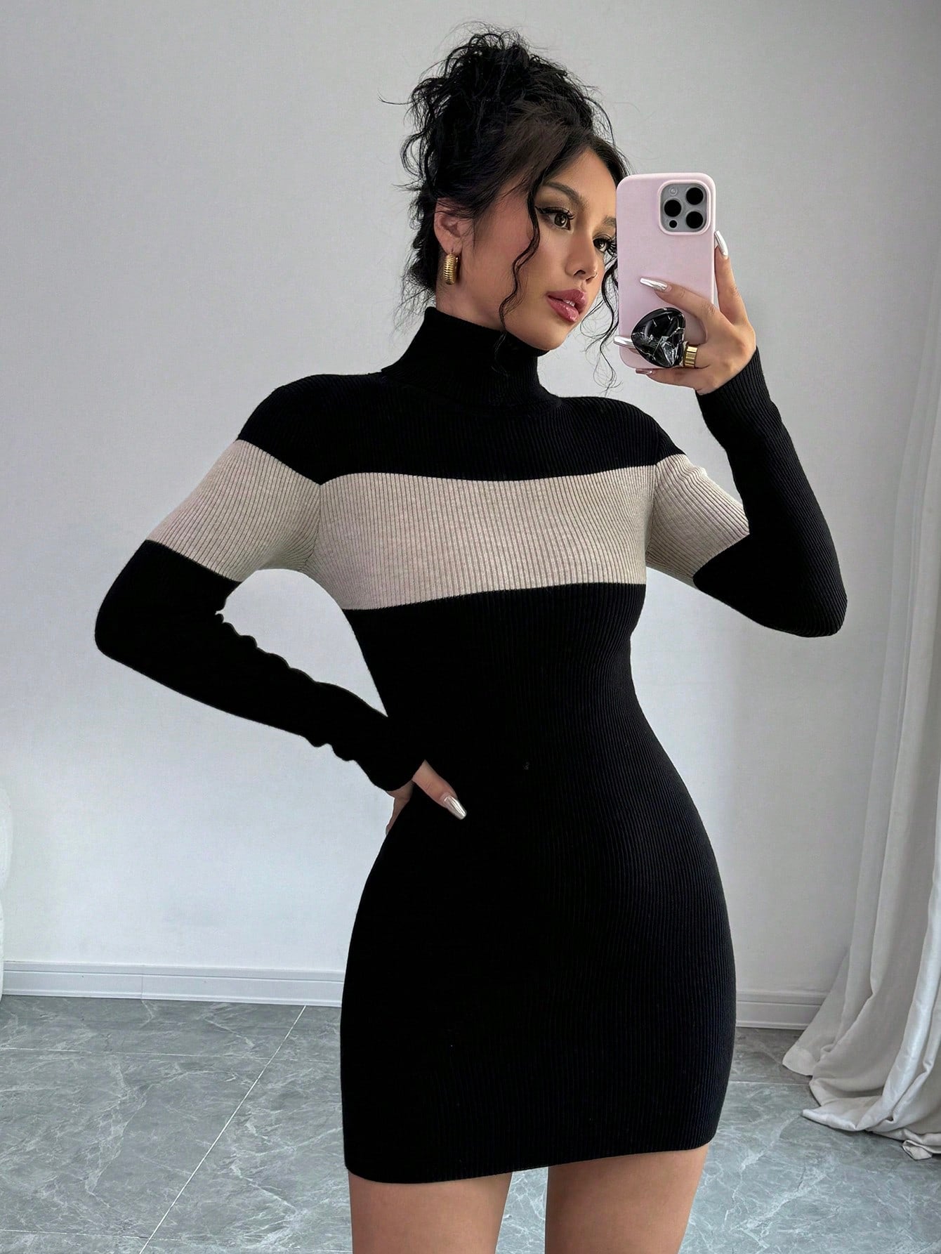 High Neck Color Block Fitted Sweater Dress