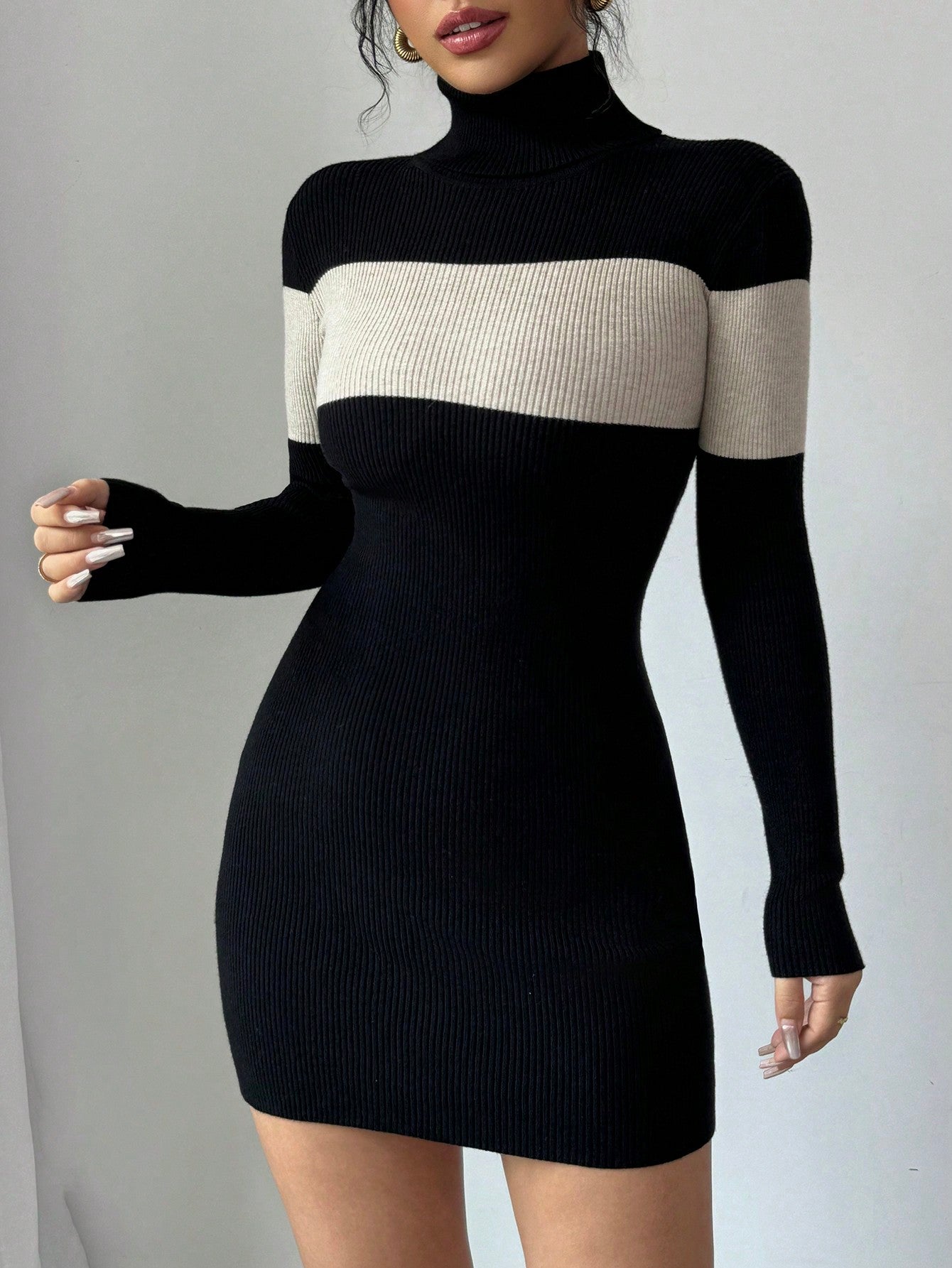 High Neck Color Block Fitted Sweater Dress