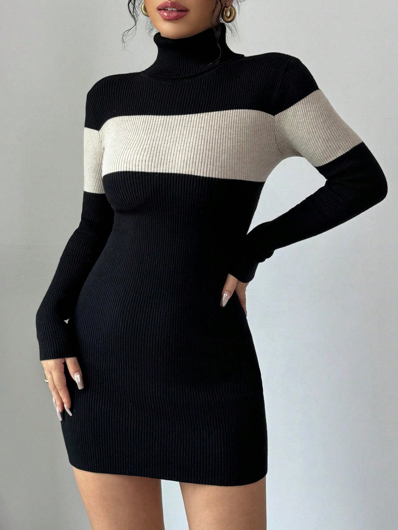 High Neck Color Block Fitted Sweater Dress