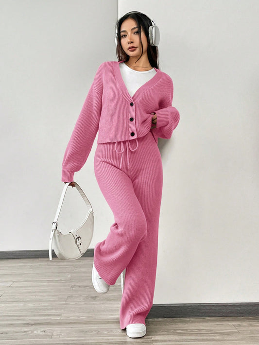 Women 3pcs Casual Set - Solid Pink Color Single-Breasted Cardigan Set