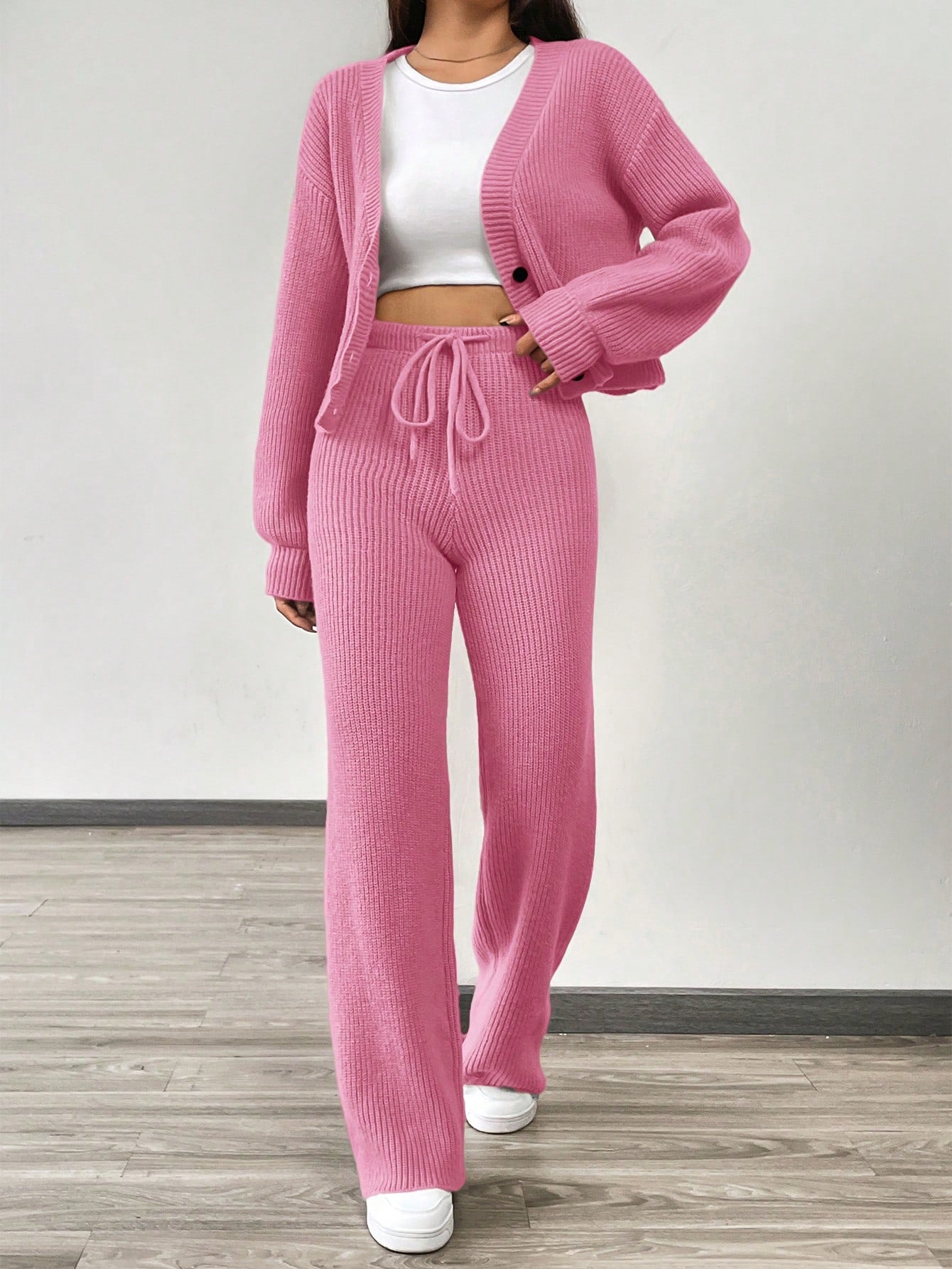 Women 3pcs Casual Set - Solid Pink Color Single-Breasted Cardigan Set