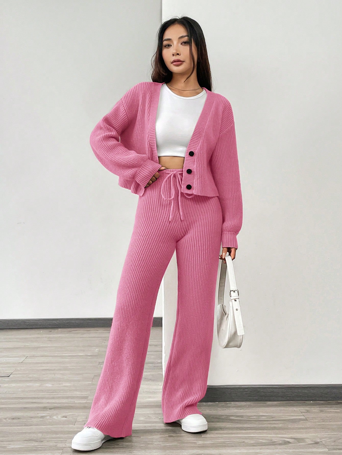 Women 3pcs Casual Set - Solid Pink Color Single-Breasted Cardigan Set