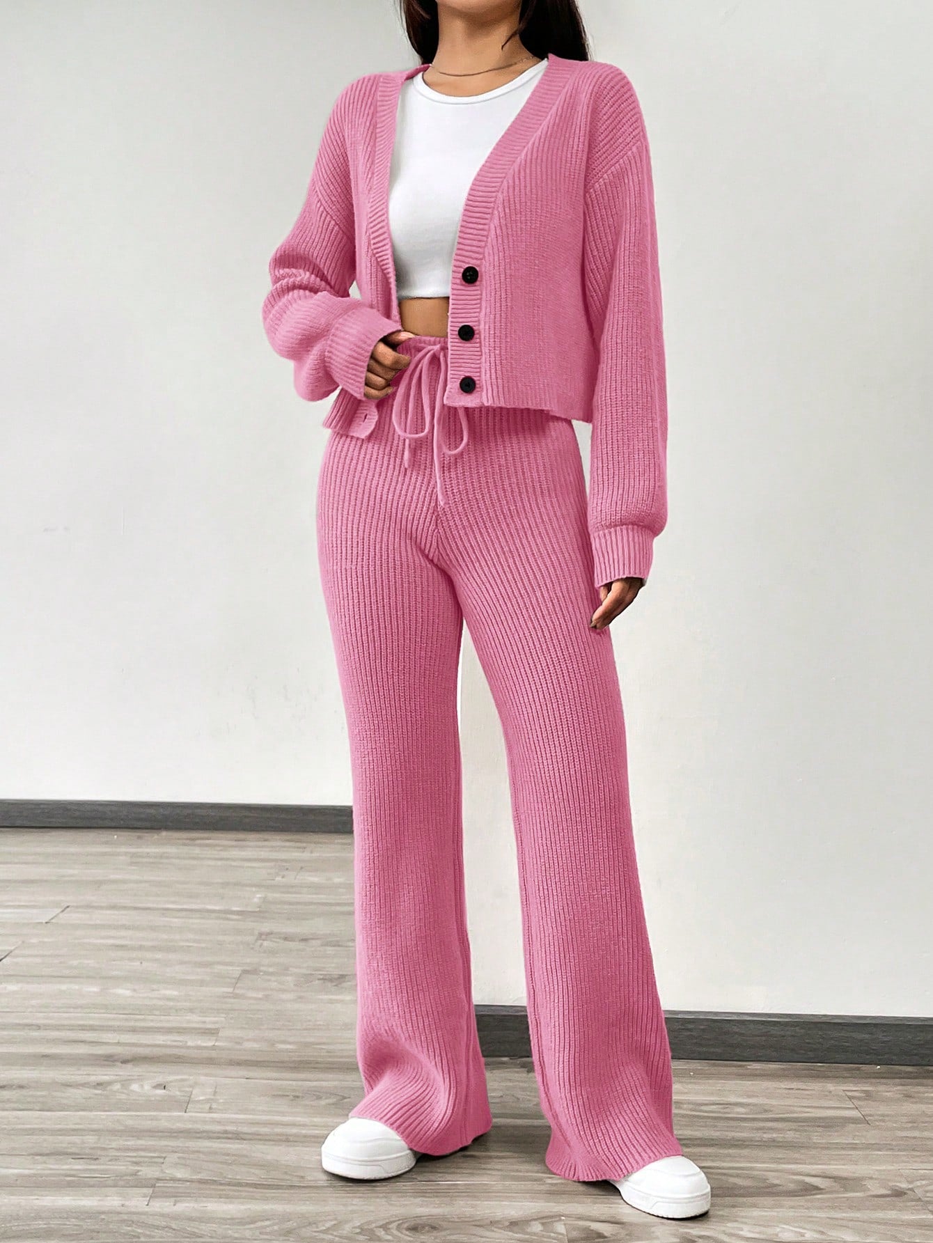 Women 3pcs Casual Set - Solid Pink Color Single-Breasted Cardigan Set