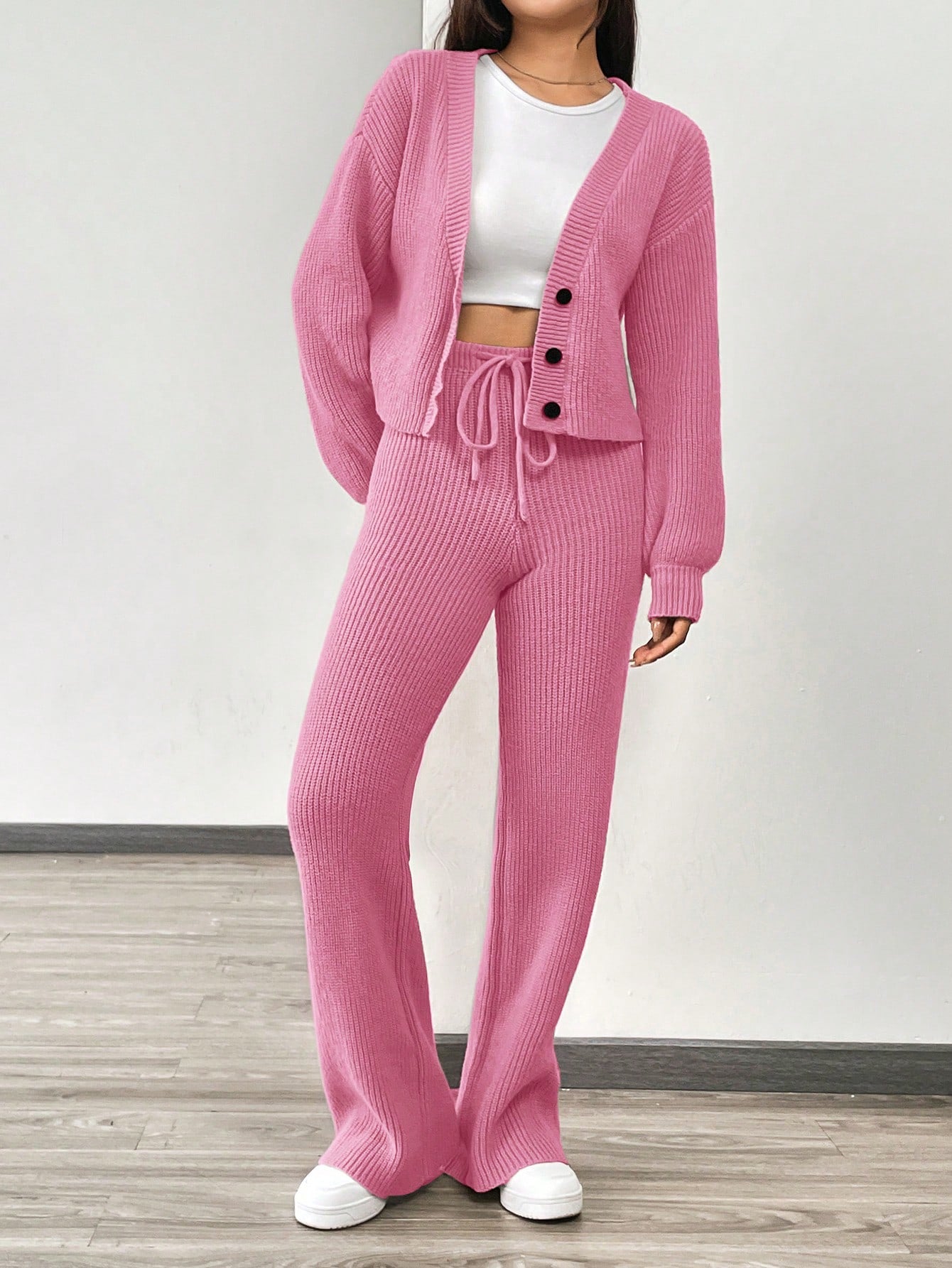 Women 3pcs Casual Set - Solid Pink Color Single-Breasted Cardigan Set