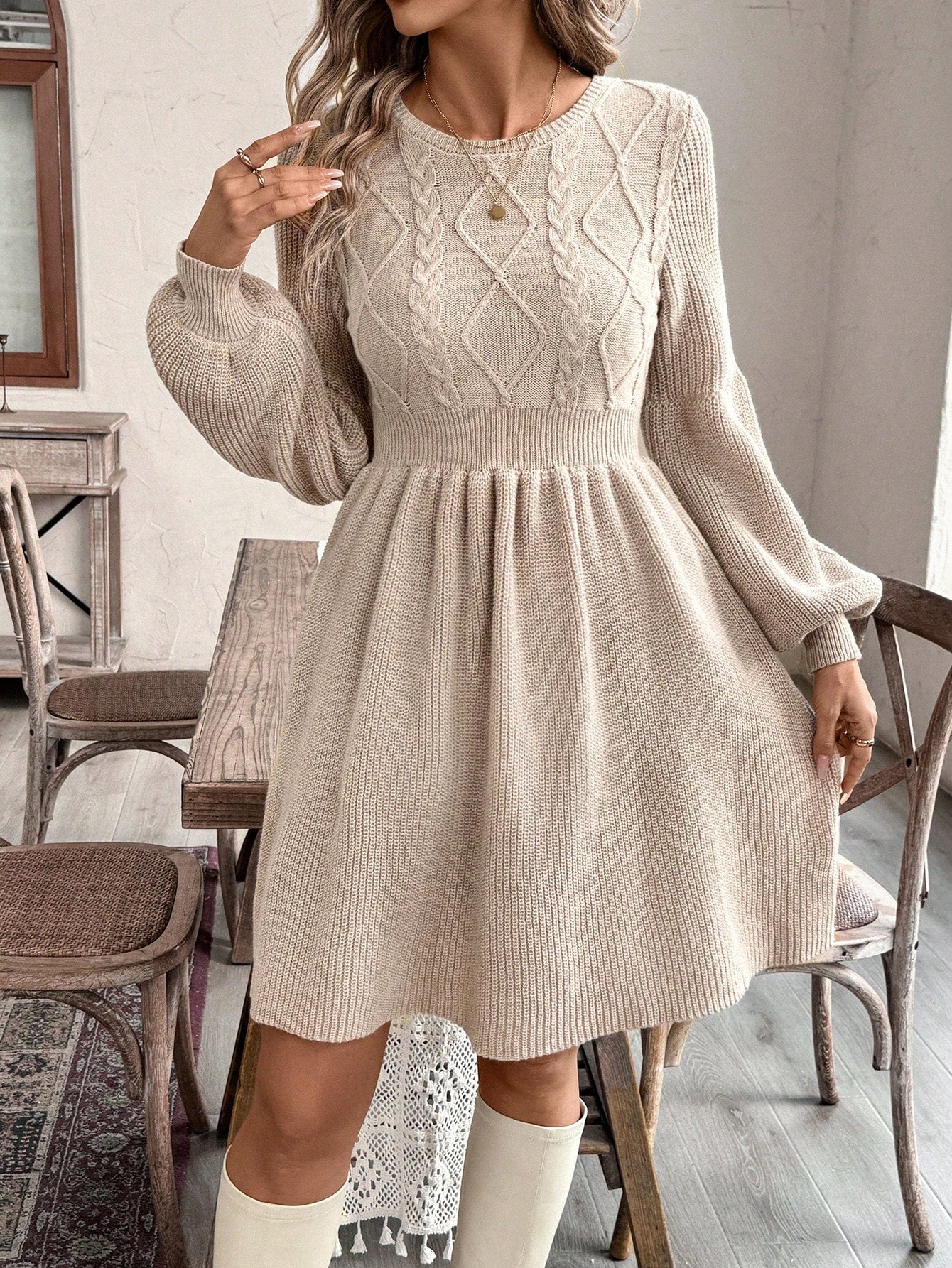 A-Line Waisted Round Neck Long Sleeve Knit Dress