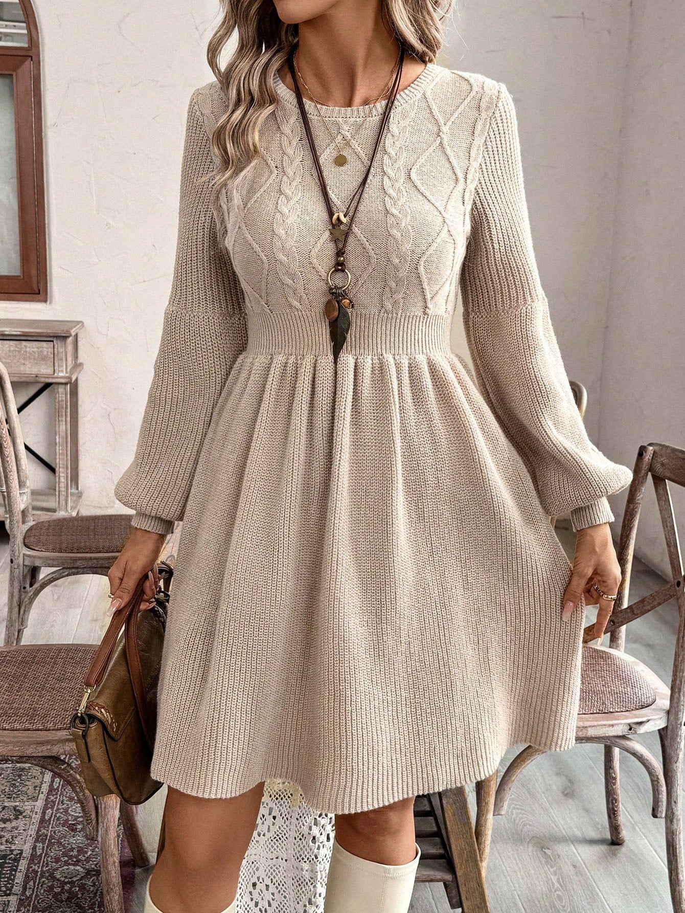 A-Line Waisted Round Neck Long Sleeve Knit Dress