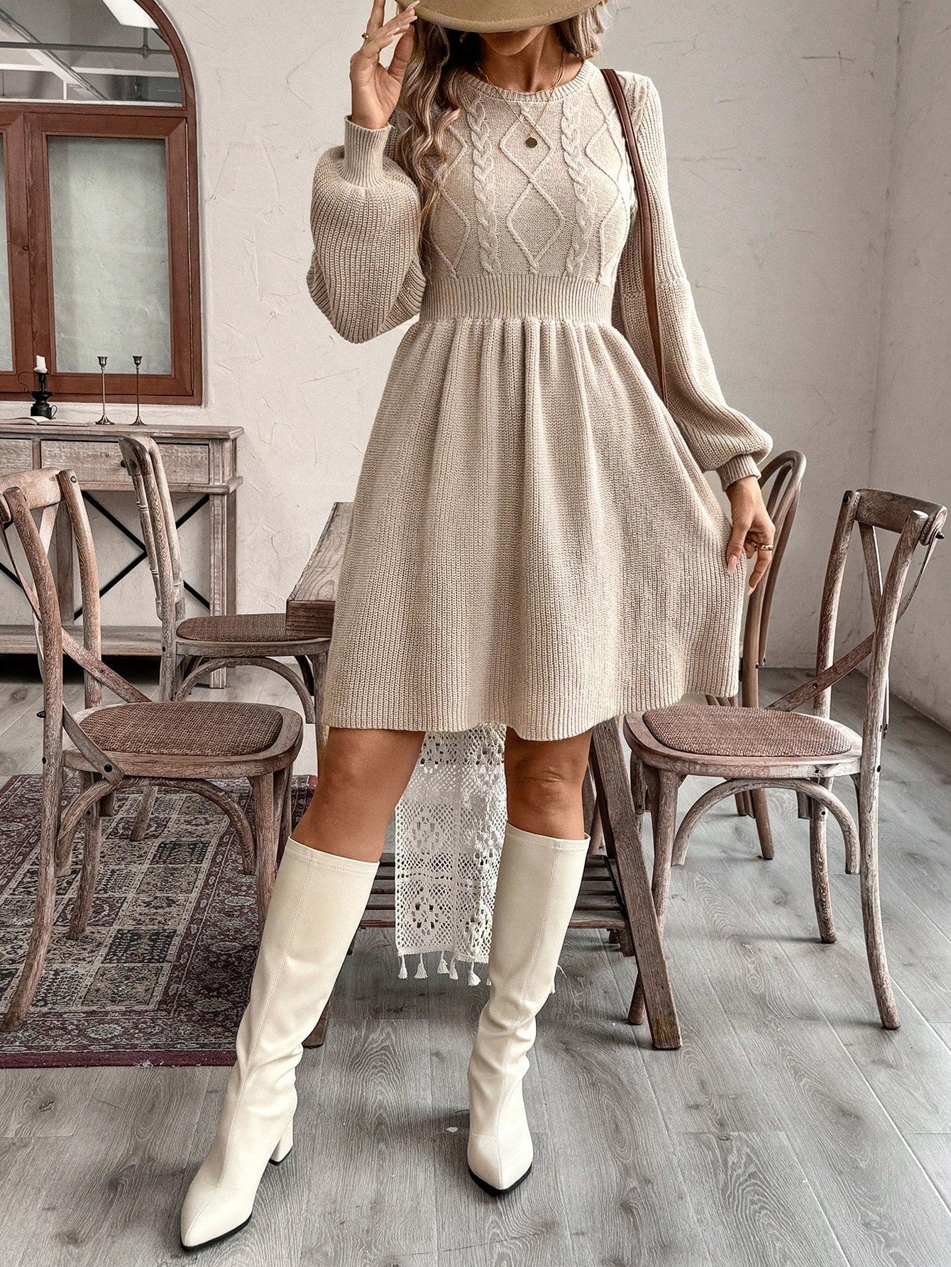 A-Line Waisted Round Neck Long Sleeve Knit Dress