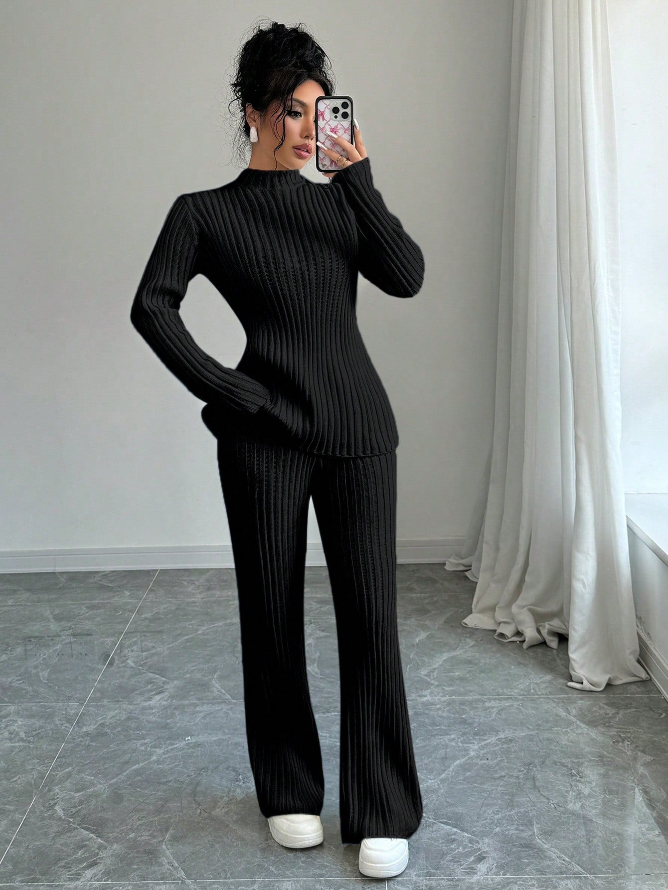 Stand Collar Long Sleeve Sweater And Knit Pants Casual Suit