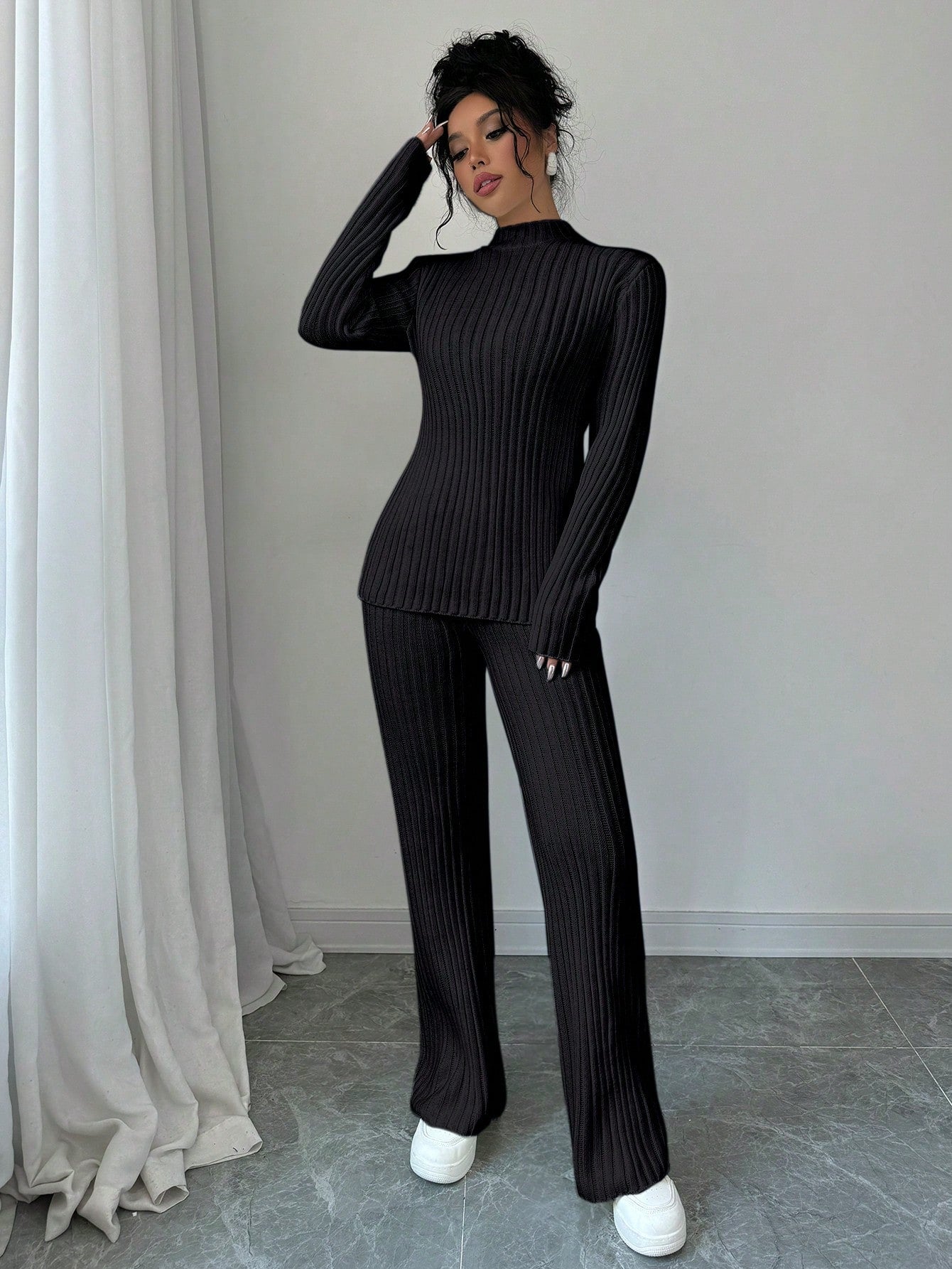 Stand Collar Long Sleeve Sweater And Knit Pants Casual Suit