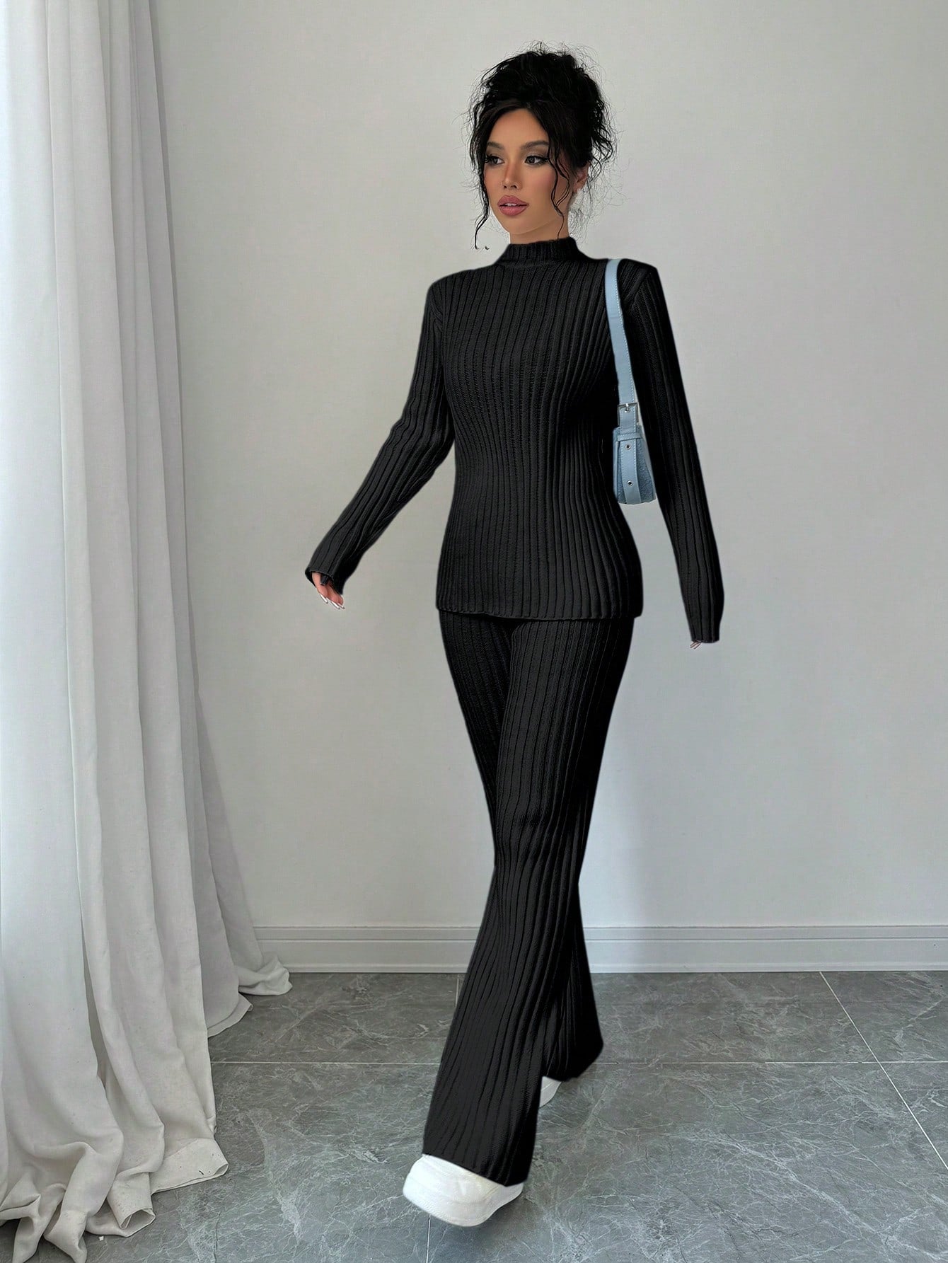 Stand Collar Long Sleeve Sweater And Knit Pants Casual Suit