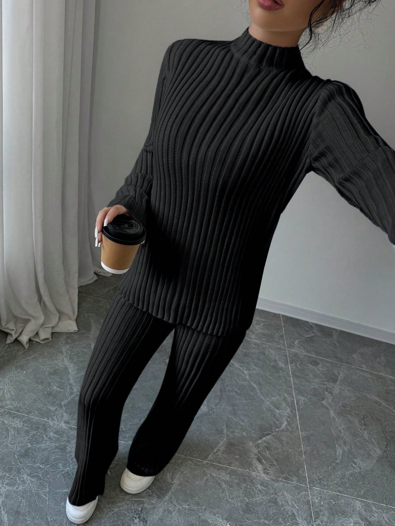 Stand Collar Long Sleeve Sweater And Knit Pants Casual Suit