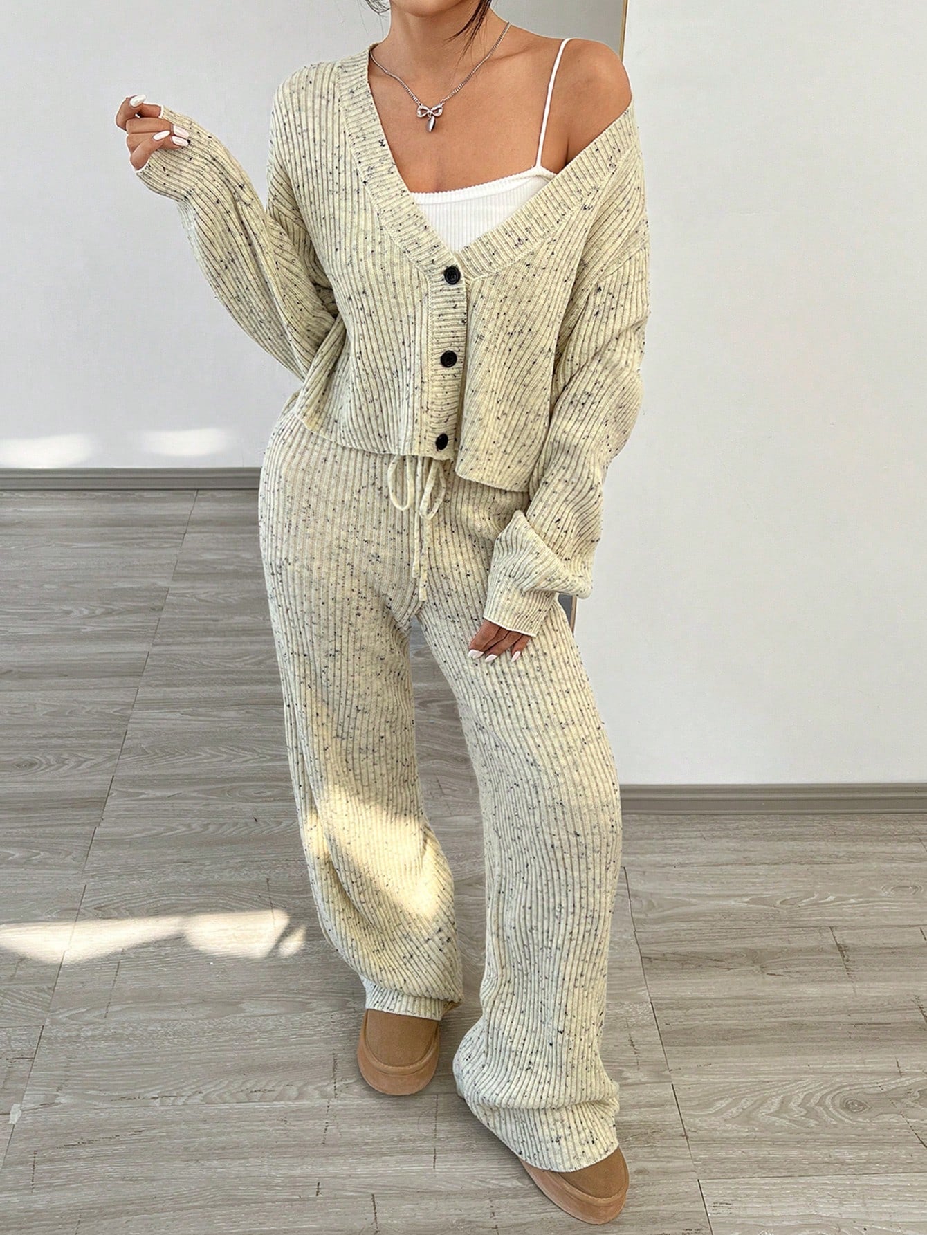 Women 3pcs Casual Set - Solid Color Single-Breasted Cardigan Set