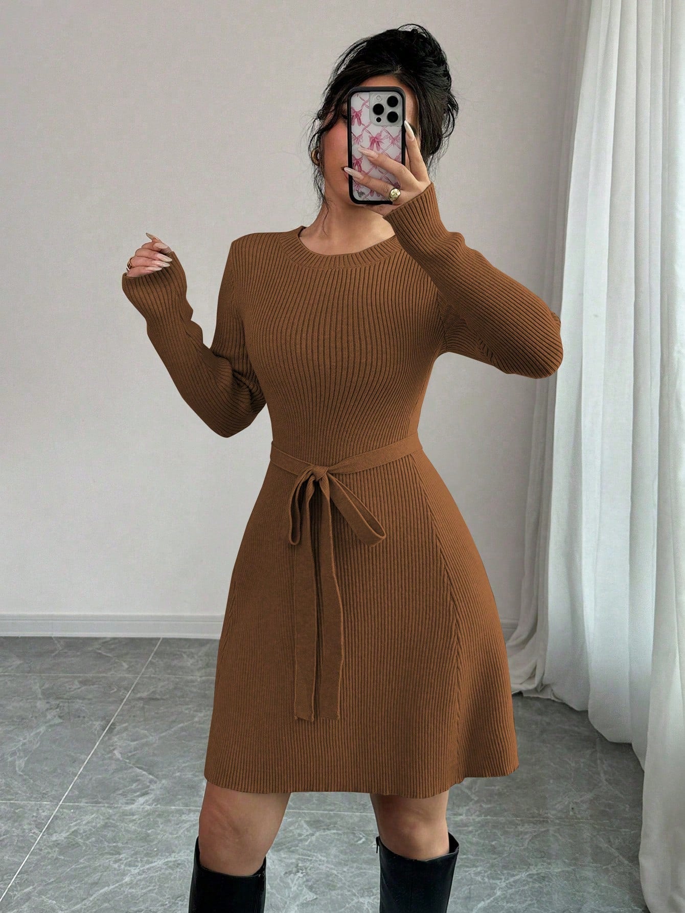 Minimalist Elegant Solid Color Fitted A-Line Mid-Length Sweater Dress