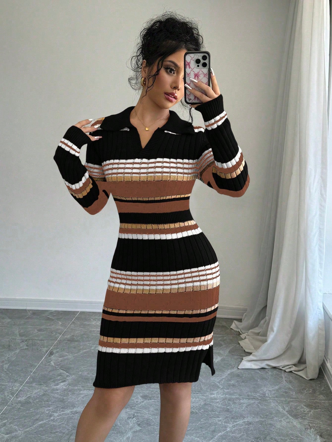 Colorblock Striped Print Fitted Sweater Dress