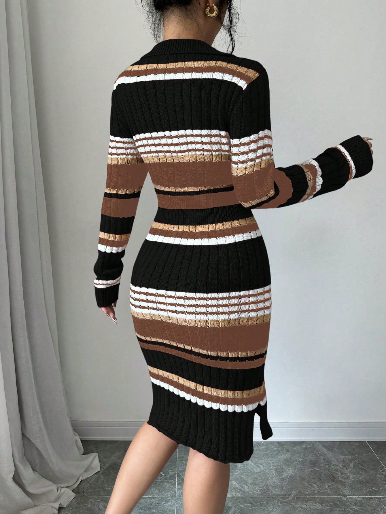 Colorblock Striped Print Fitted Sweater Dress