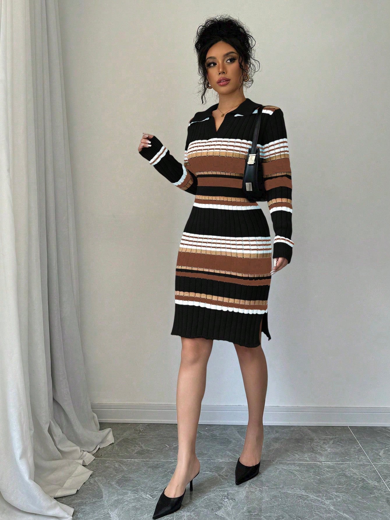 Colorblock Striped Print Fitted Sweater Dress