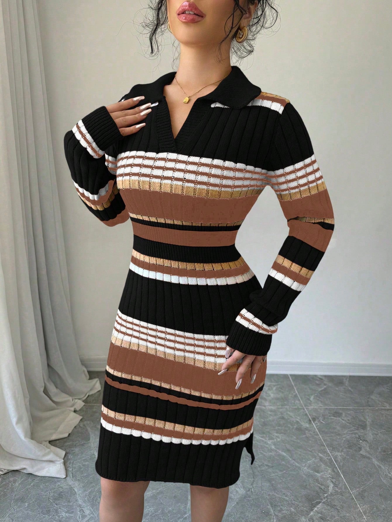 Colorblock Striped Print Fitted Sweater Dress