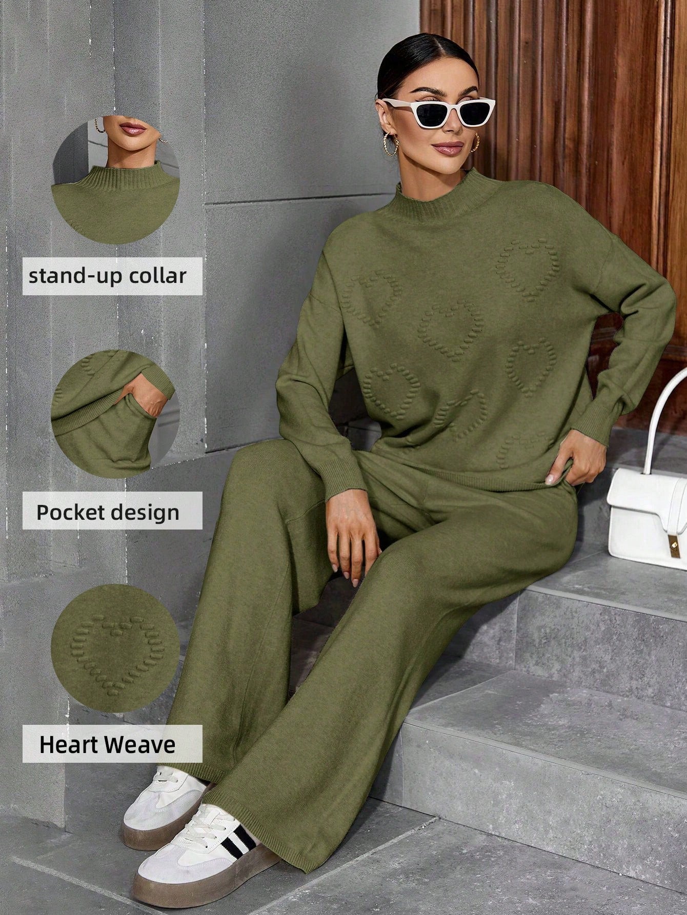 Warm Solid Color Stand Collar Heart Pattern Sweater Co-ord Set