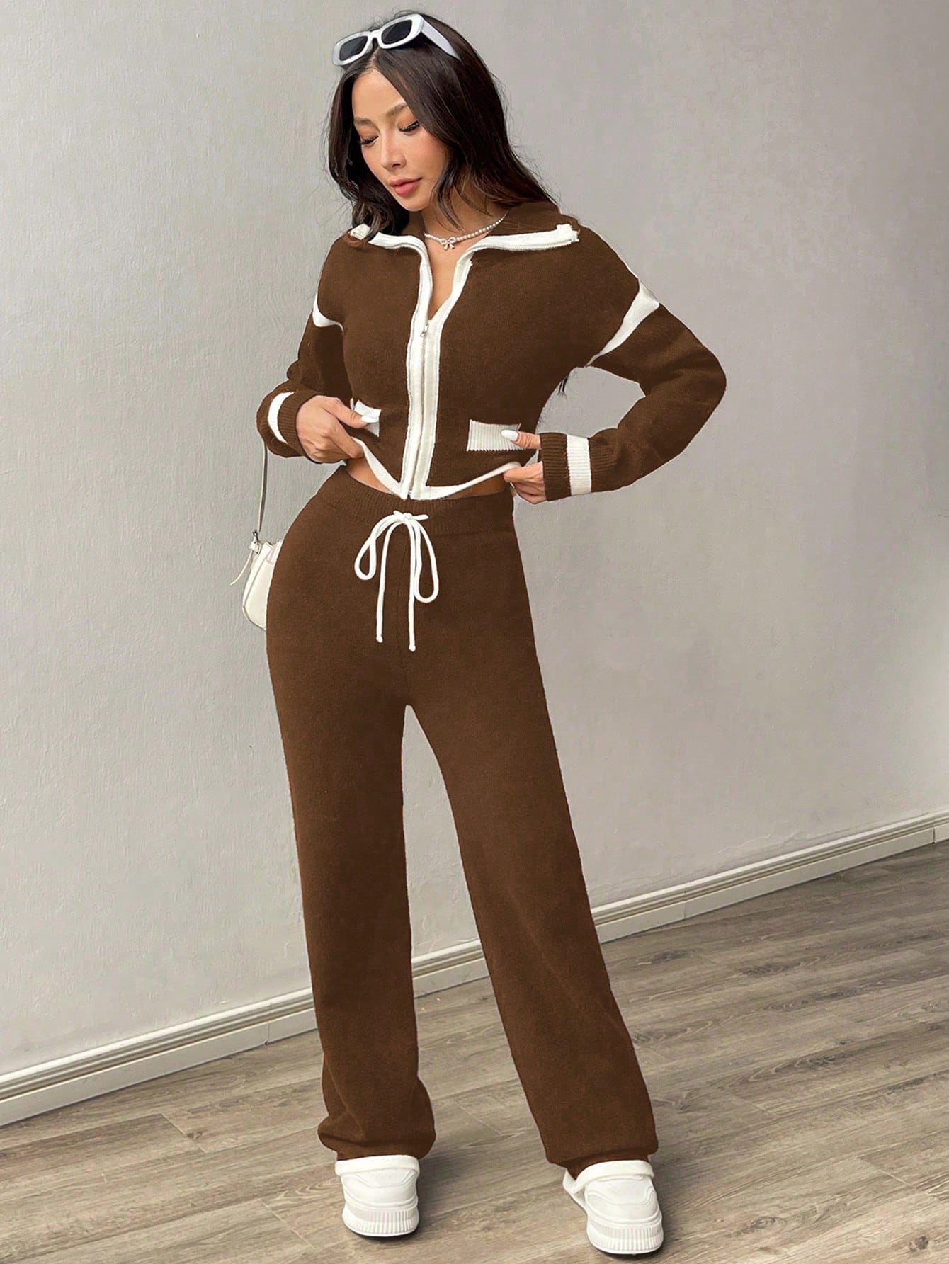 Women's Casual Brown Colorblock Patchwork 2-Piece Knitted Suit Set