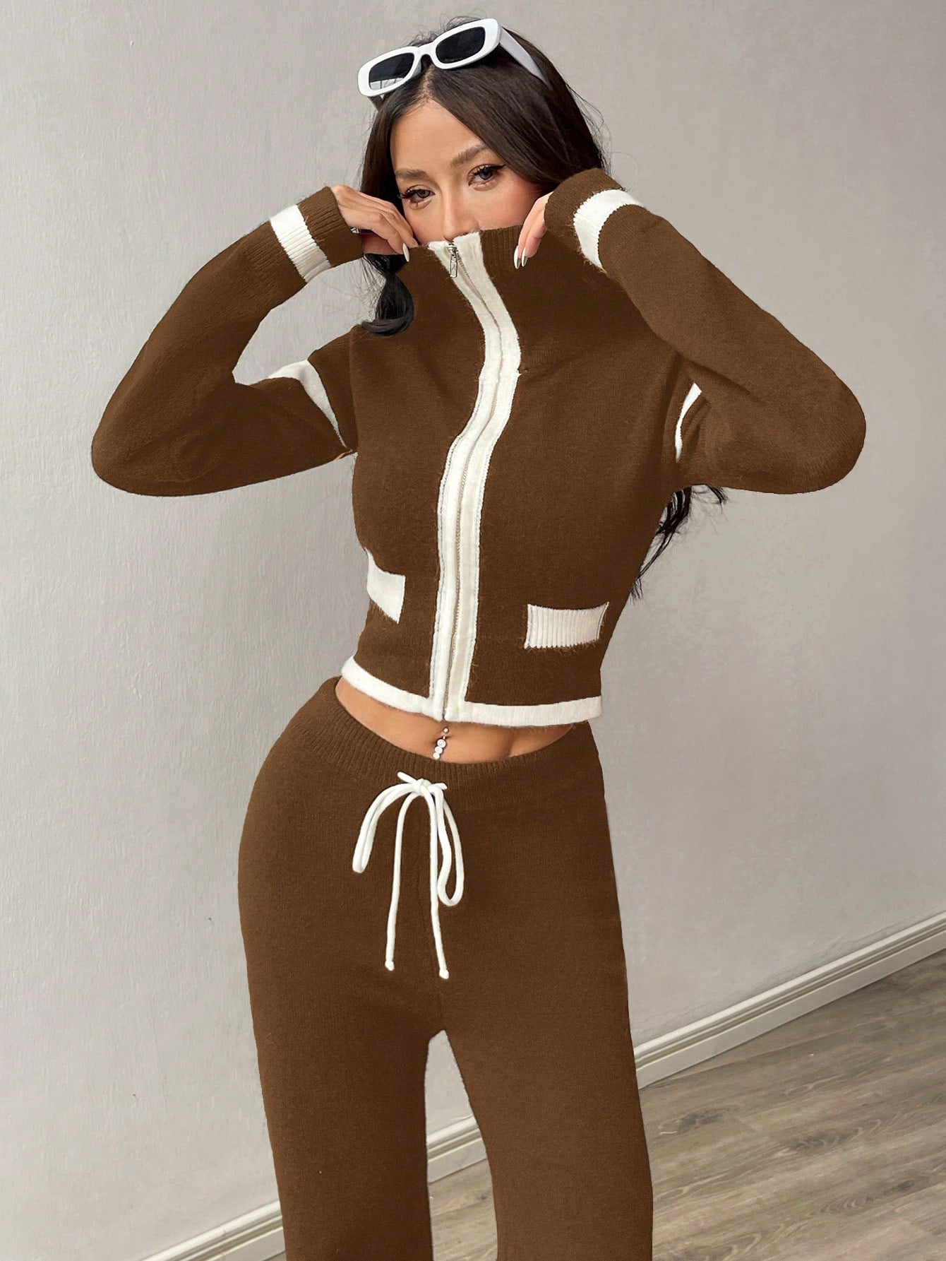 Women's Casual Brown Colorblock Patchwork 2-Piece Knitted Suit Set