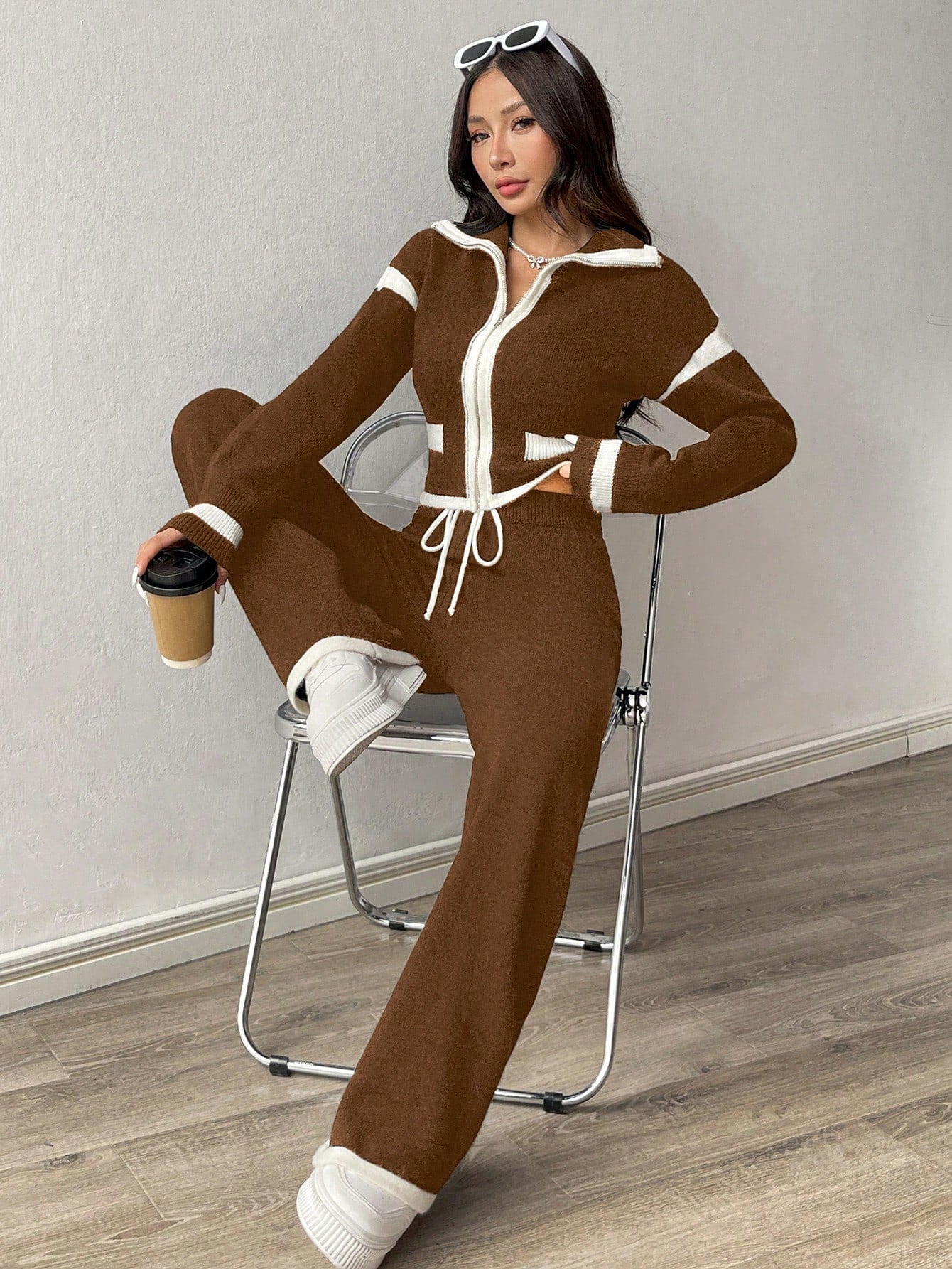 Women's Casual Brown Colorblock Patchwork 2-Piece Knitted Suit Set