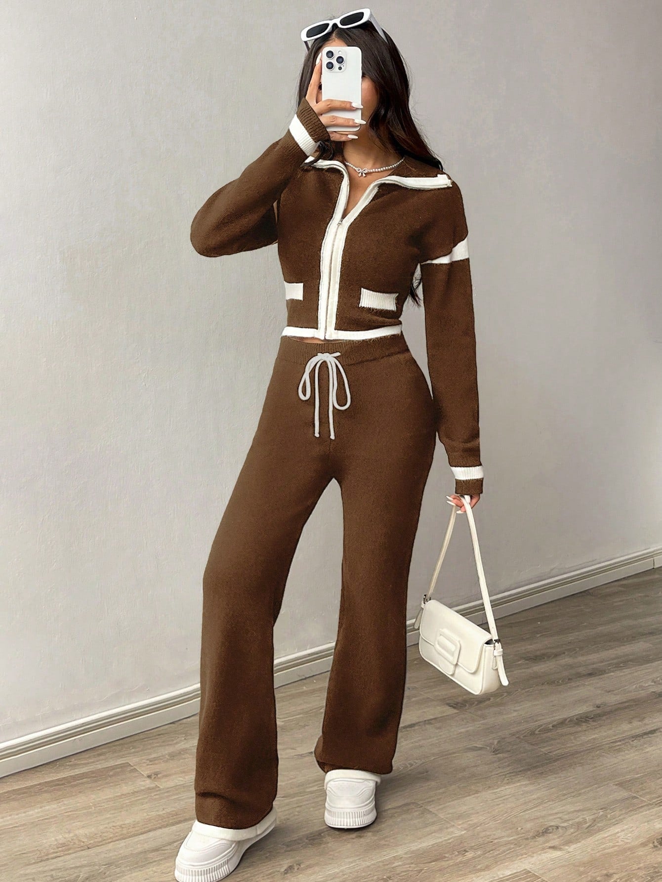 Women's Casual Brown Colorblock Patchwork 2-Piece Knitted Suit Set