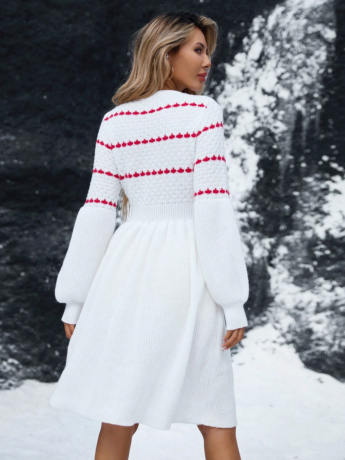 Contrast Color Patchwork Waist A-Line  Knitted Sweater Dress