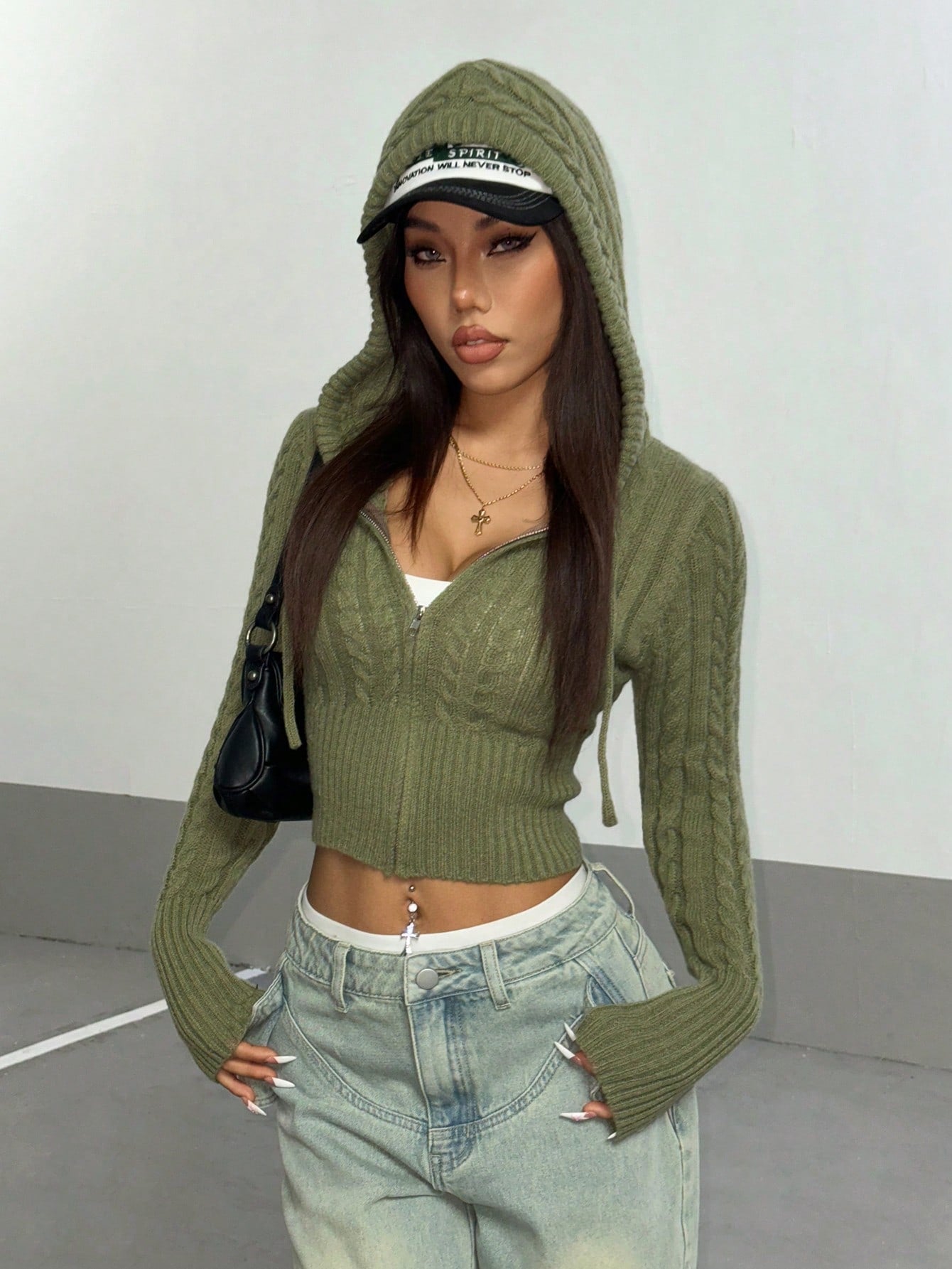 Casual Versatile Olive Green Hooded Cardigan