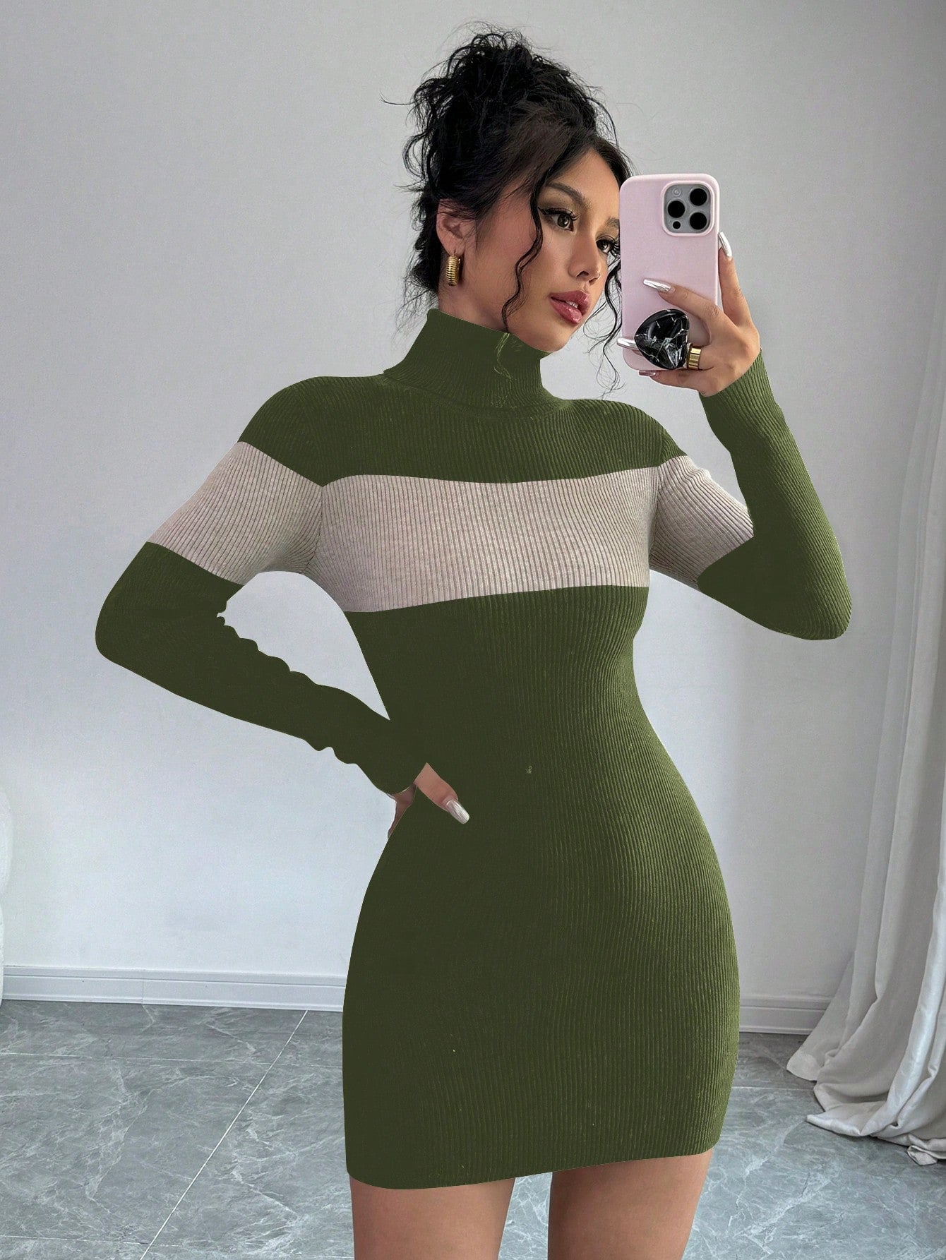 Turtleneck Sweater Dress, Colorblock Bodycon Elegant Knit Dress