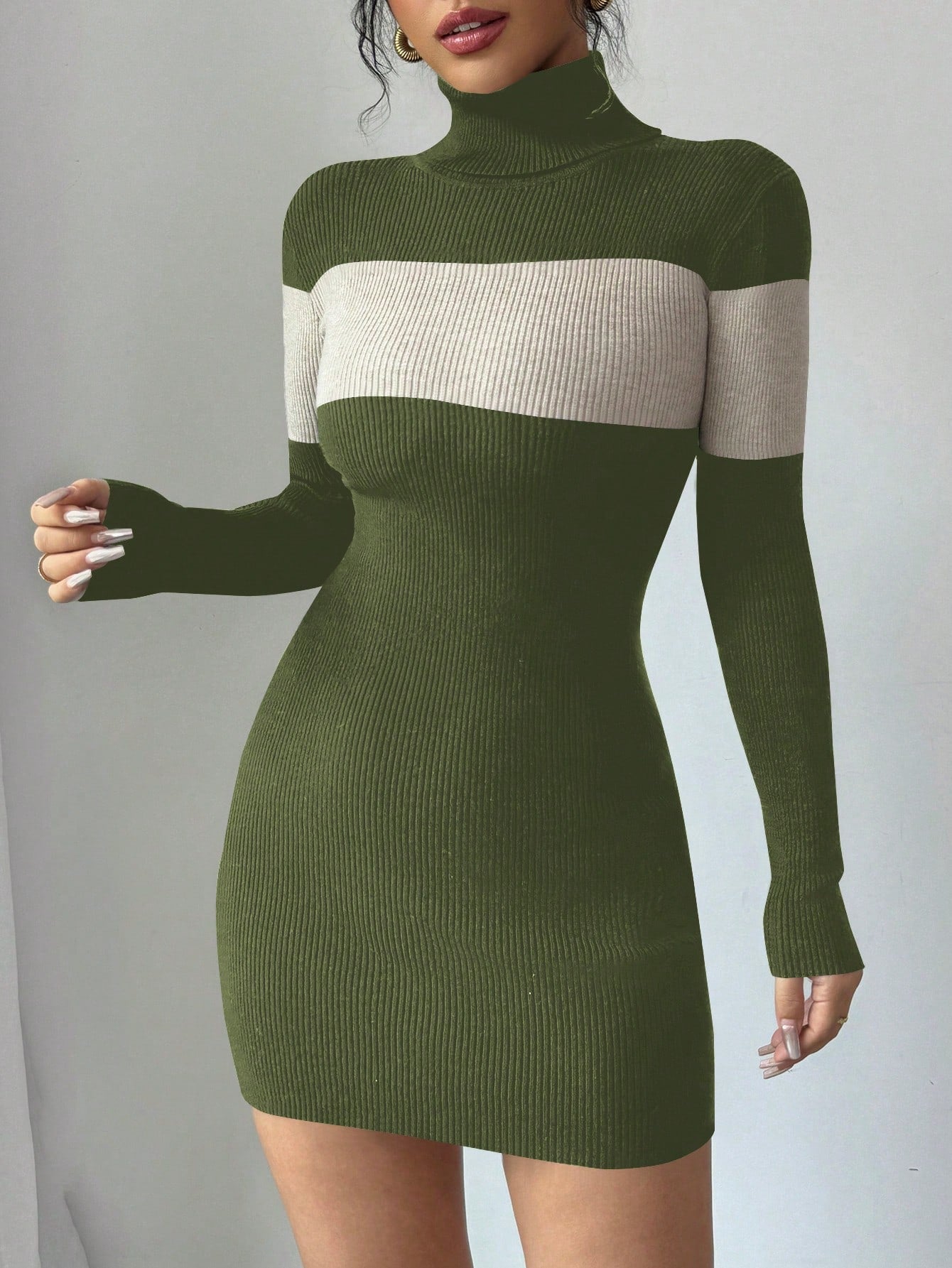 Turtleneck Sweater Dress, Colorblock Bodycon Elegant Knit Dress