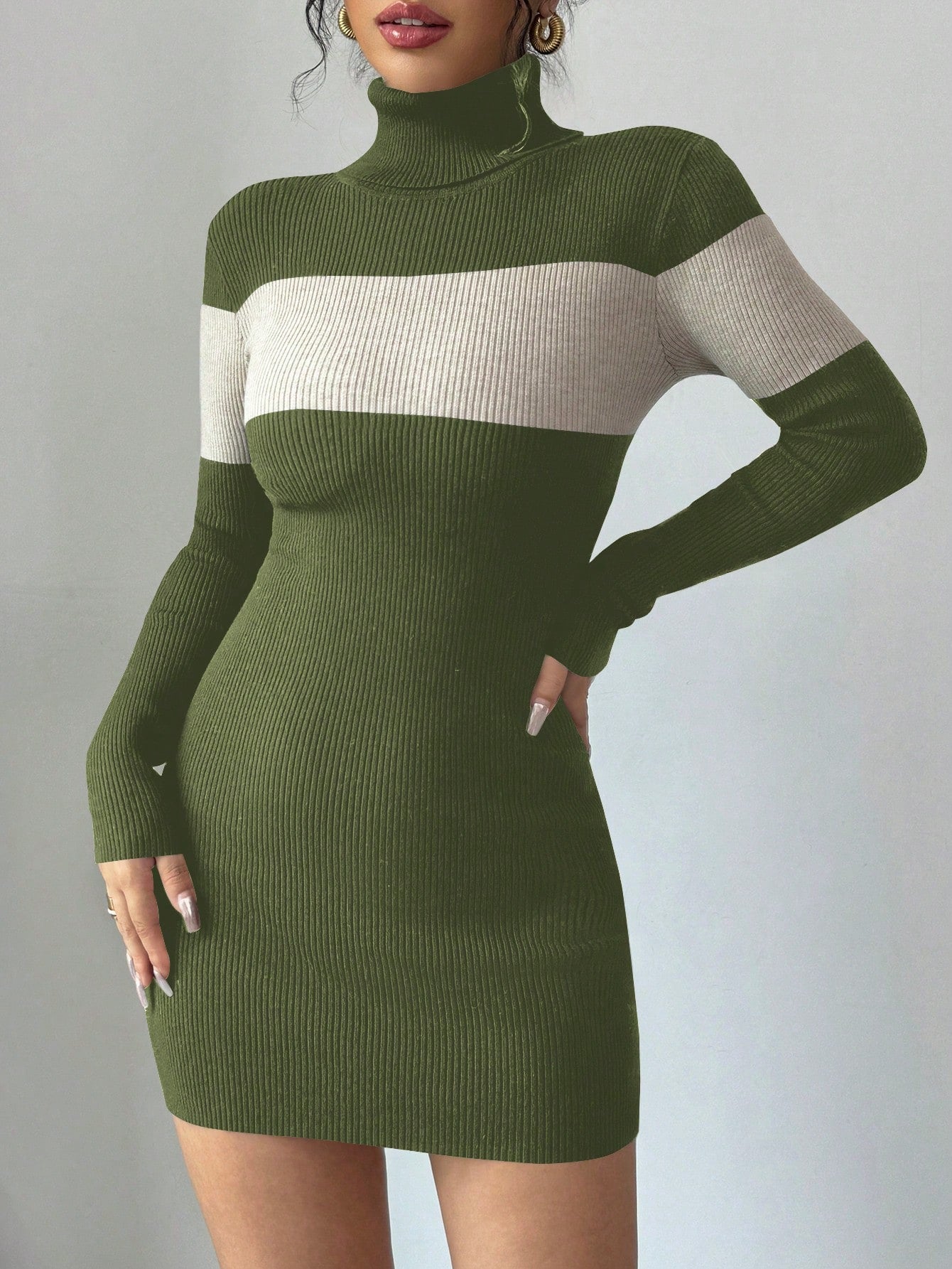 Turtleneck Sweater Dress, Colorblock Bodycon Elegant Knit Dress